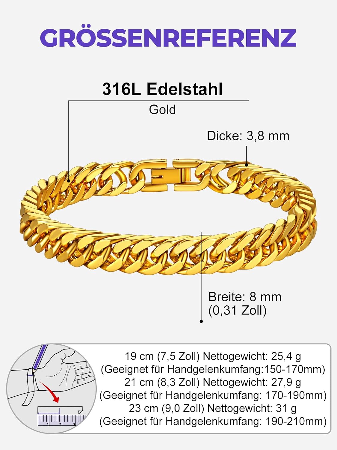 Detalle 2 de Richsteel Herren-Armband aus Edelstahl (Cuban Glieder) in Silber, Gold oder Schwarz – Breite 8/12/17 mm, Länge 19/21/23 cm