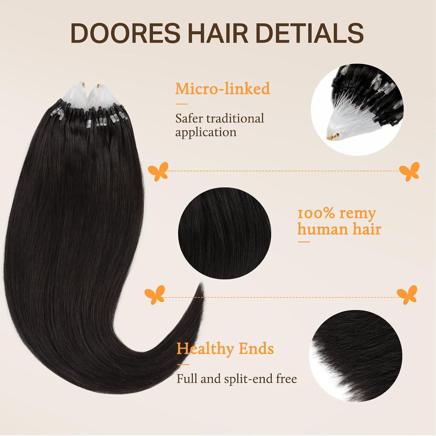 Detalle de DOORES Microlink Hair Extensions Human Hair, Natural Black 22 Inch – Remy Straight Micro Loop Extensions