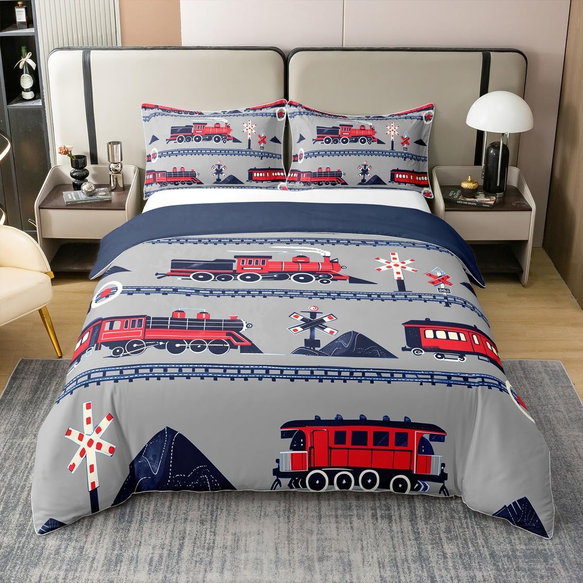 Detalle de Netter Zug Bettbezug 135x200 aus 100% Baumwolle – Grau-Rot Dampflok mit Kinderdesign