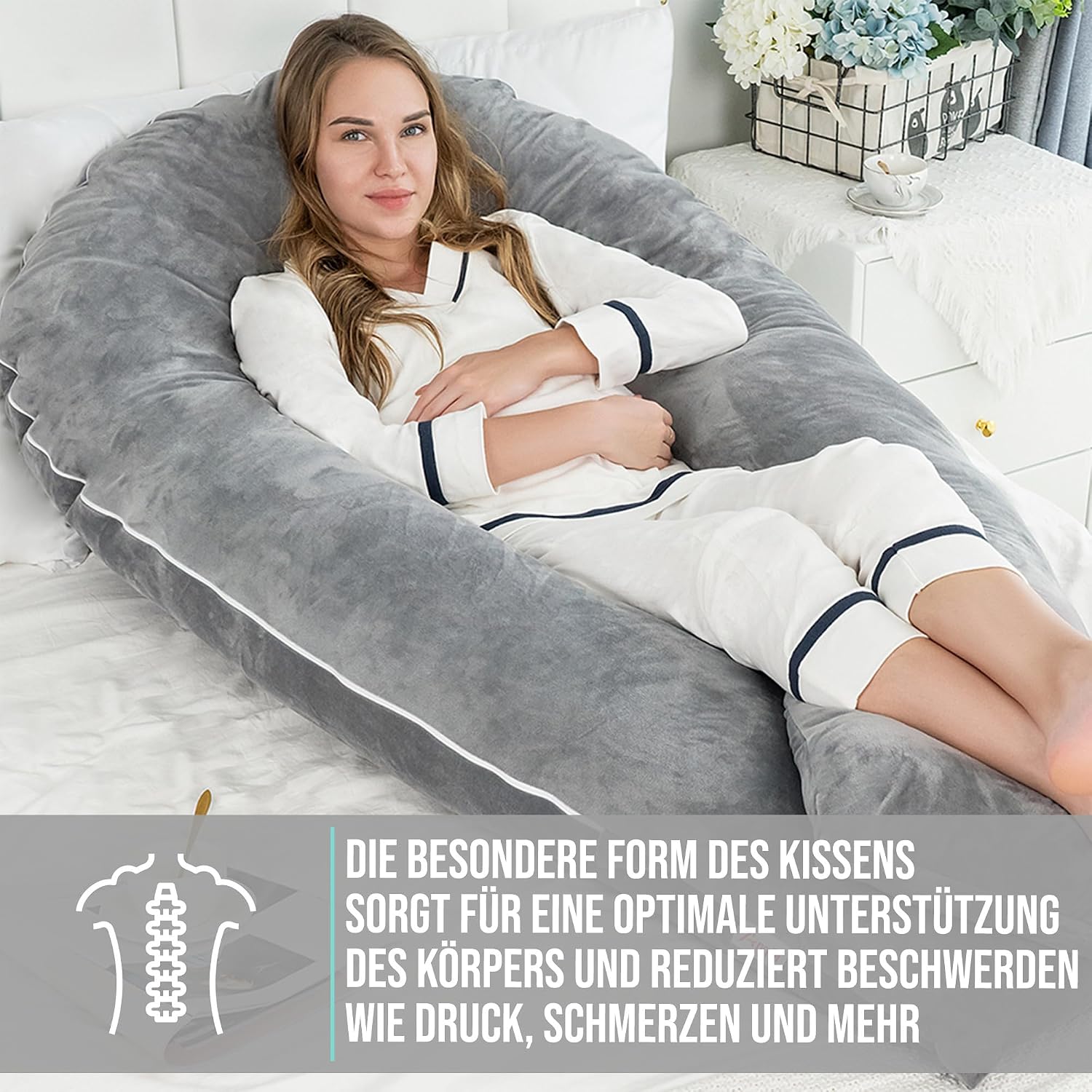 Detalle 2 de Strex Schwangerschaftskissen XXL (280 cm) mit abnehmbarem Bezug – Seitenschläferkissen & Stillkissen