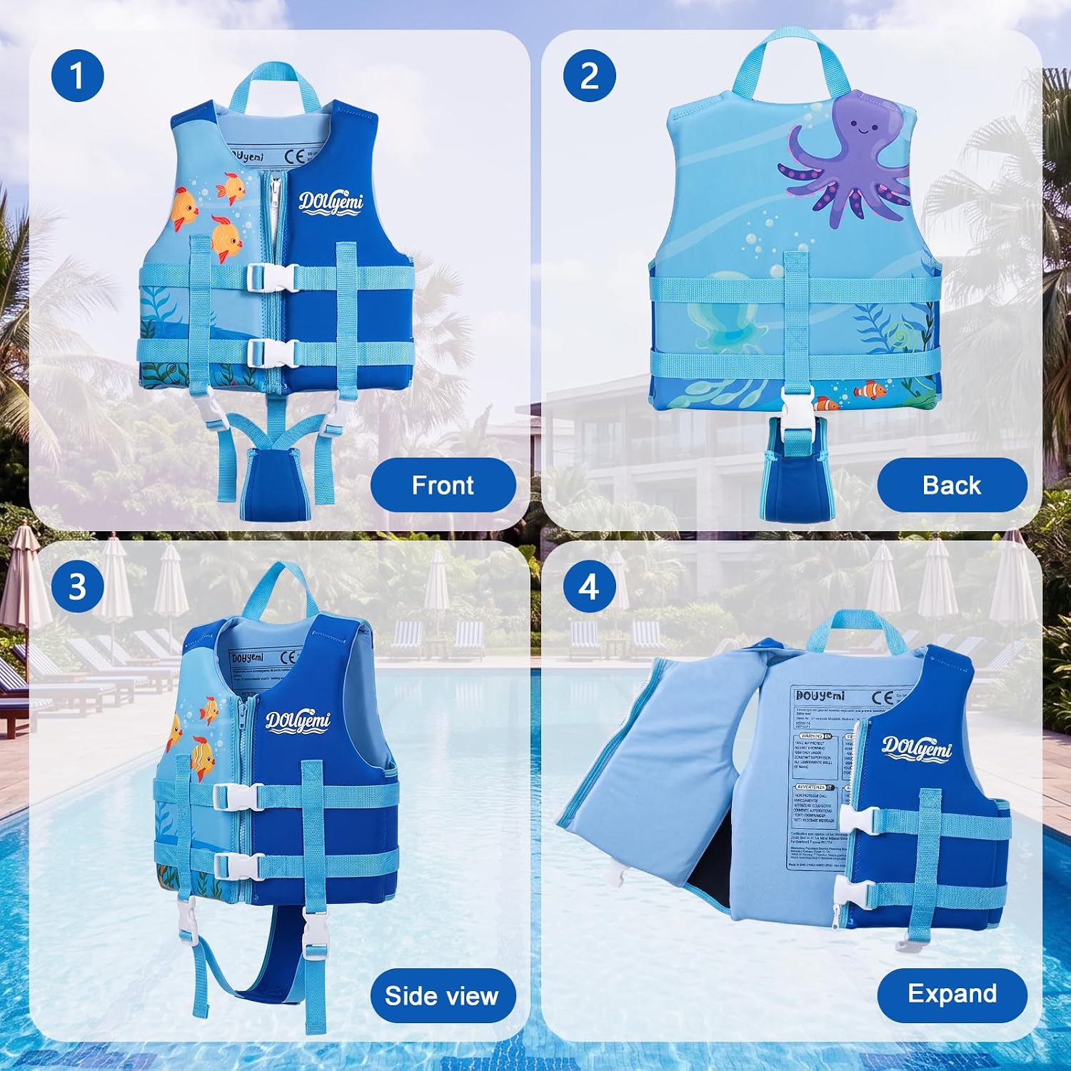 Detalle de Kids Swim Vest Float Jacket for 15–35kg Children – Adjustable Safety Straps, Front Zip, JACKET & CROTCH Design