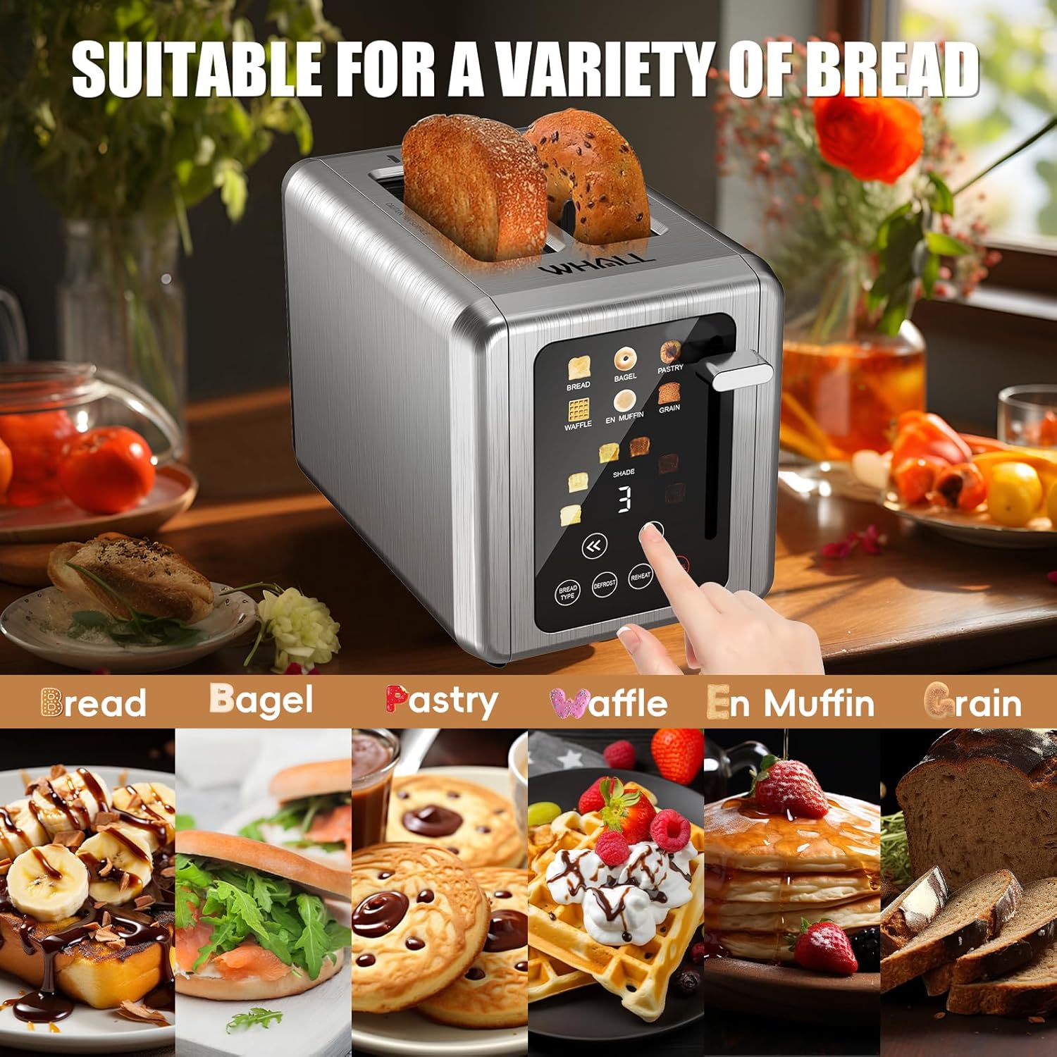 Detalle 2 de WHALL Touch Screen Toaster 2-Slice with Timer 🍞