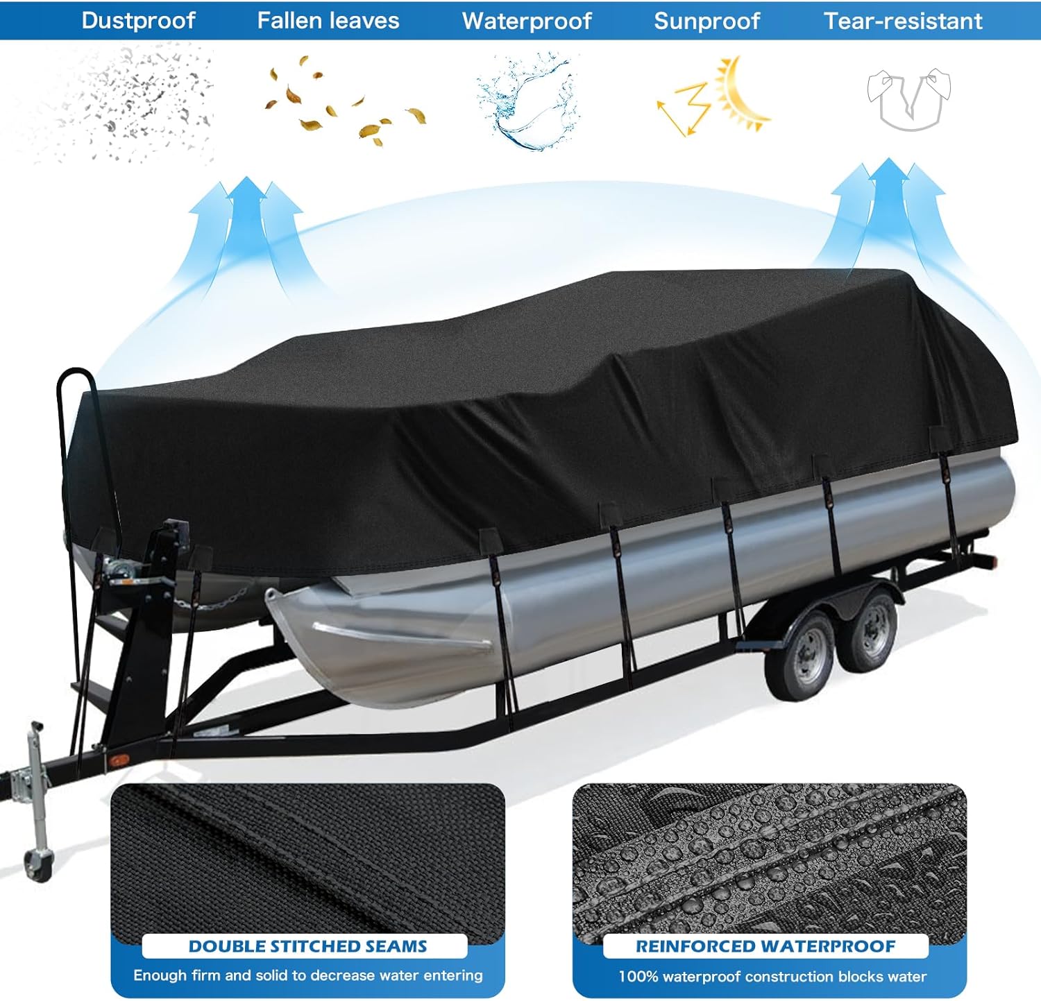 Thumbnail 3 de Solim Trailerable 1200D PU Heavy-Duty Pontoon Boat Cover (19–21 ft), Waterproof Oxford Canvas, Black