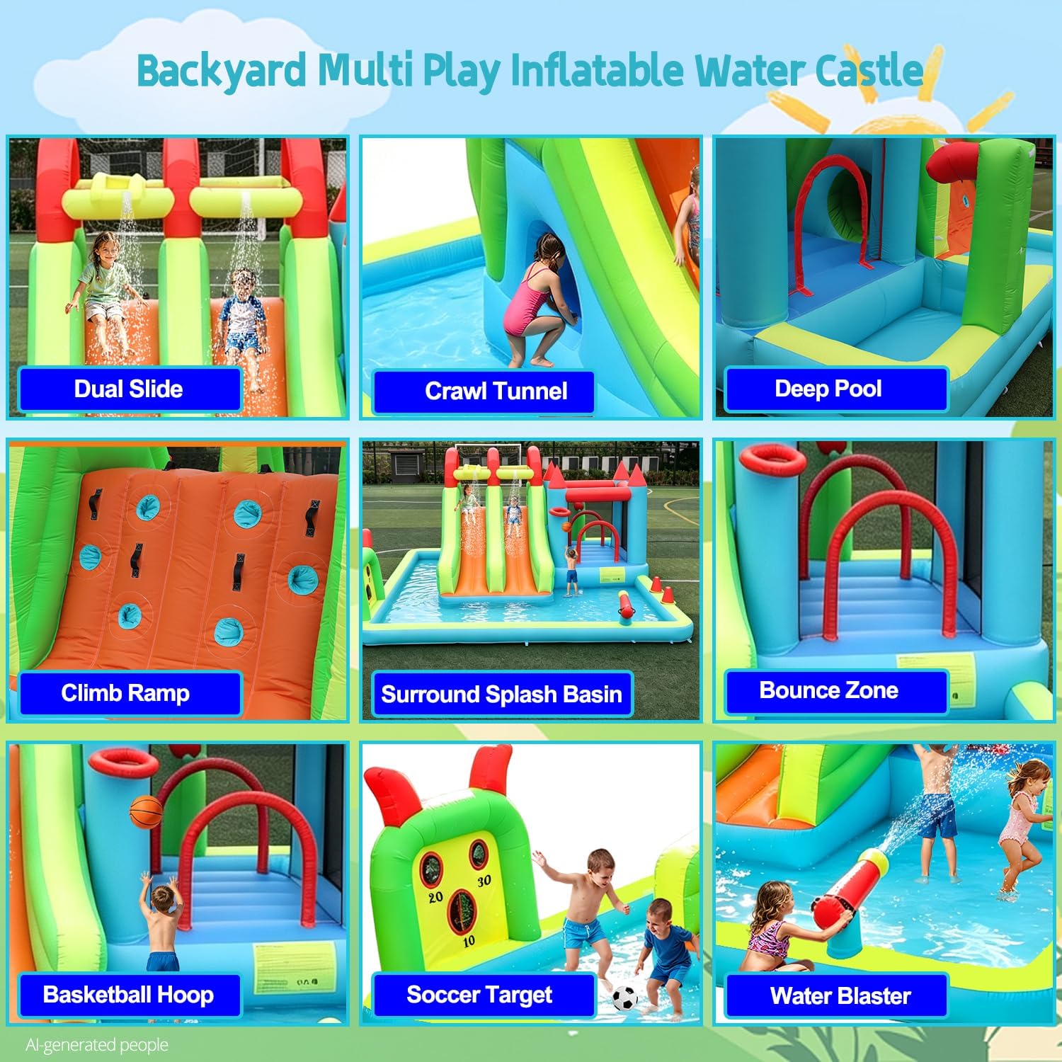 Detalle de JOOLOOG Inflatable Water Slide Park 18x15FT Mega Water Park