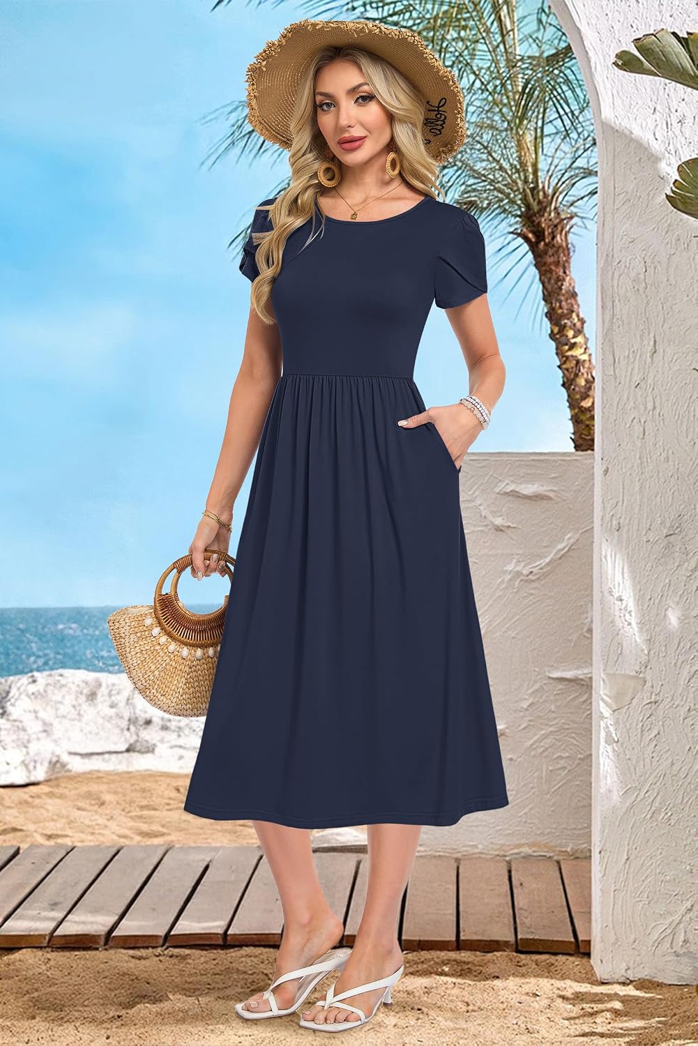 Detalle de Molerani Damen Sommerkleider – Kurzarm Rundhals Midikleid mit Tasche, A‑Linie, knie-lang