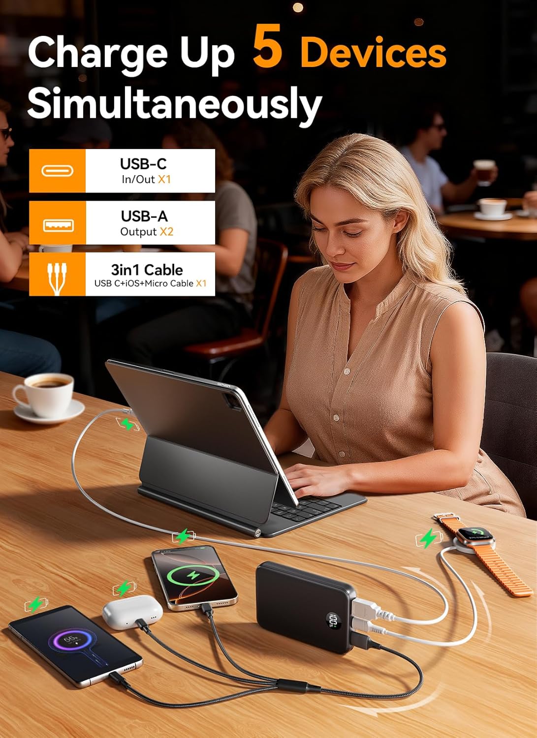 Thumbnail 4 de Power Bank Fast Charging 27000mAh with LED Display – USB-C PD 3.0 & QC 3.0, 1x USB-C + 2x USB-A, 3-in-1 Cable
