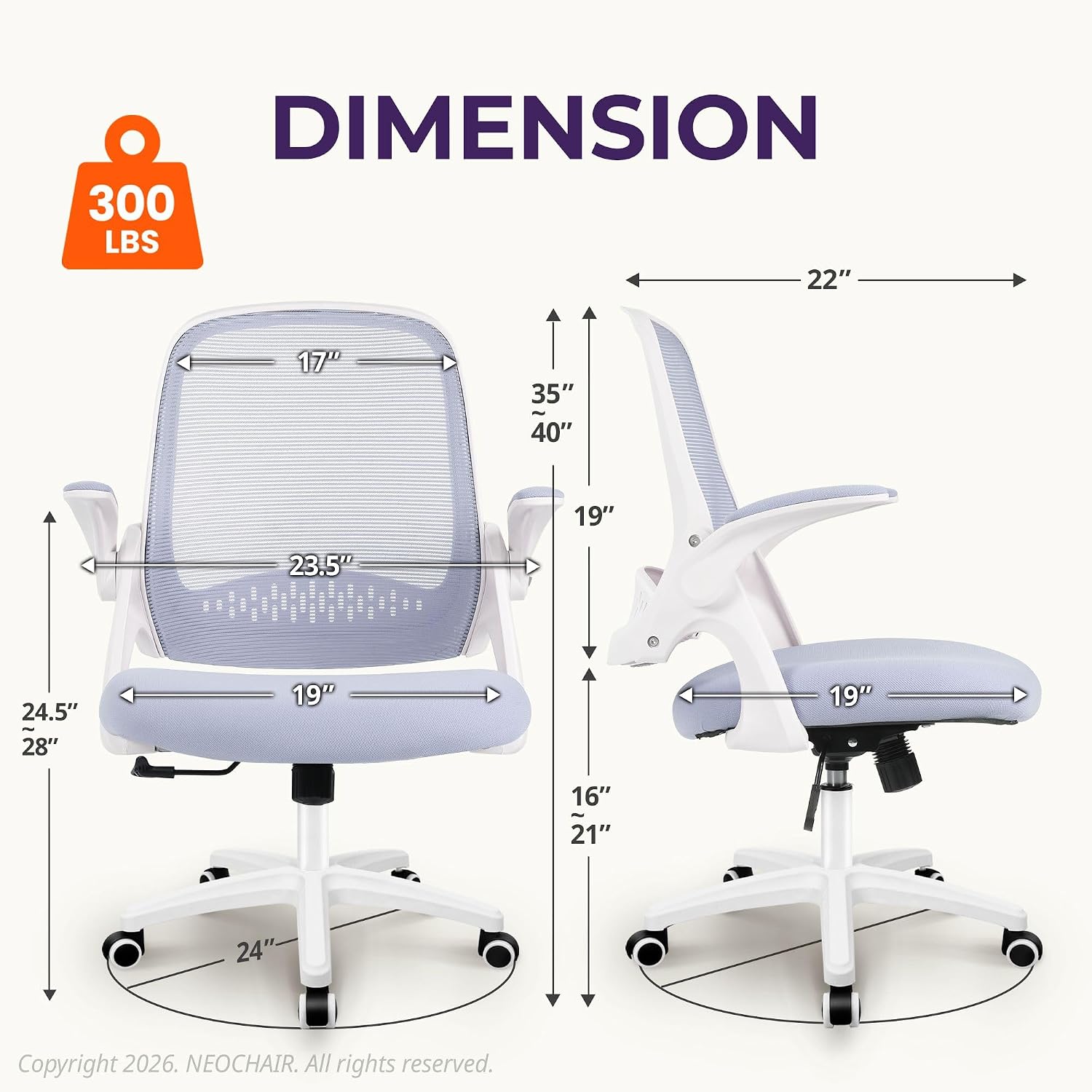 Detalle de NEO CHAIR NEC Office Desk Chair, Purple Mesh, Flip-Up Arms, Lumbar Support