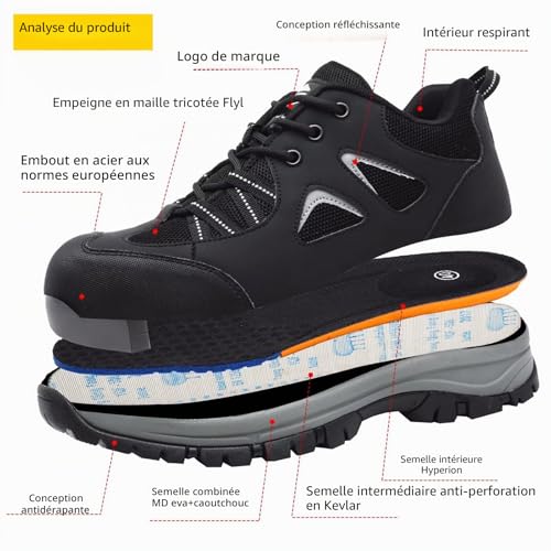 Detalle de Chaussures de sécurité CYKYGGO Hommes/Femmes – légère, noire, EU 44