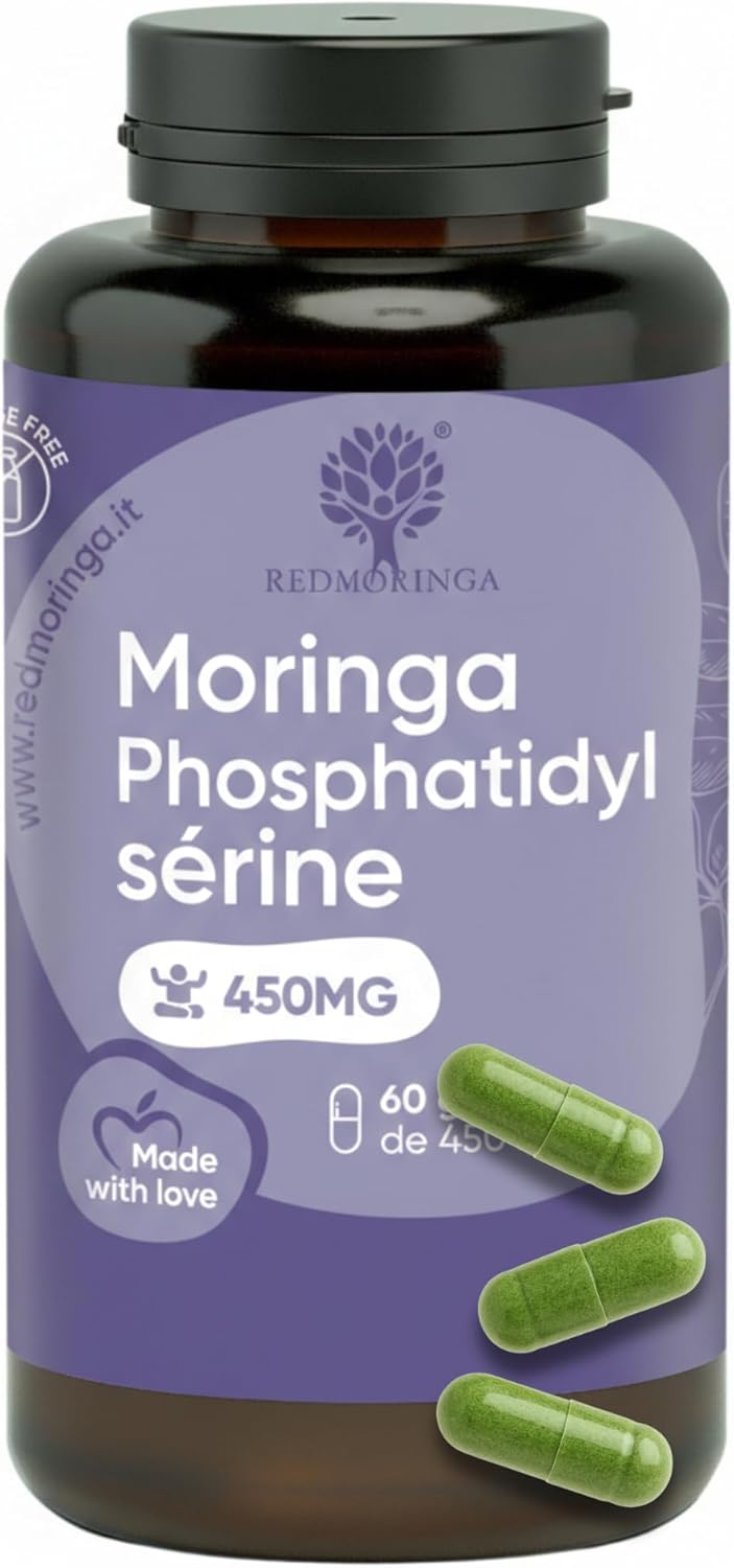Detalle de Phosphatidylsérine 450 mg + Moringa | Réduit le cortisol, stress et fatigue – 60 gélules, Made in Italy