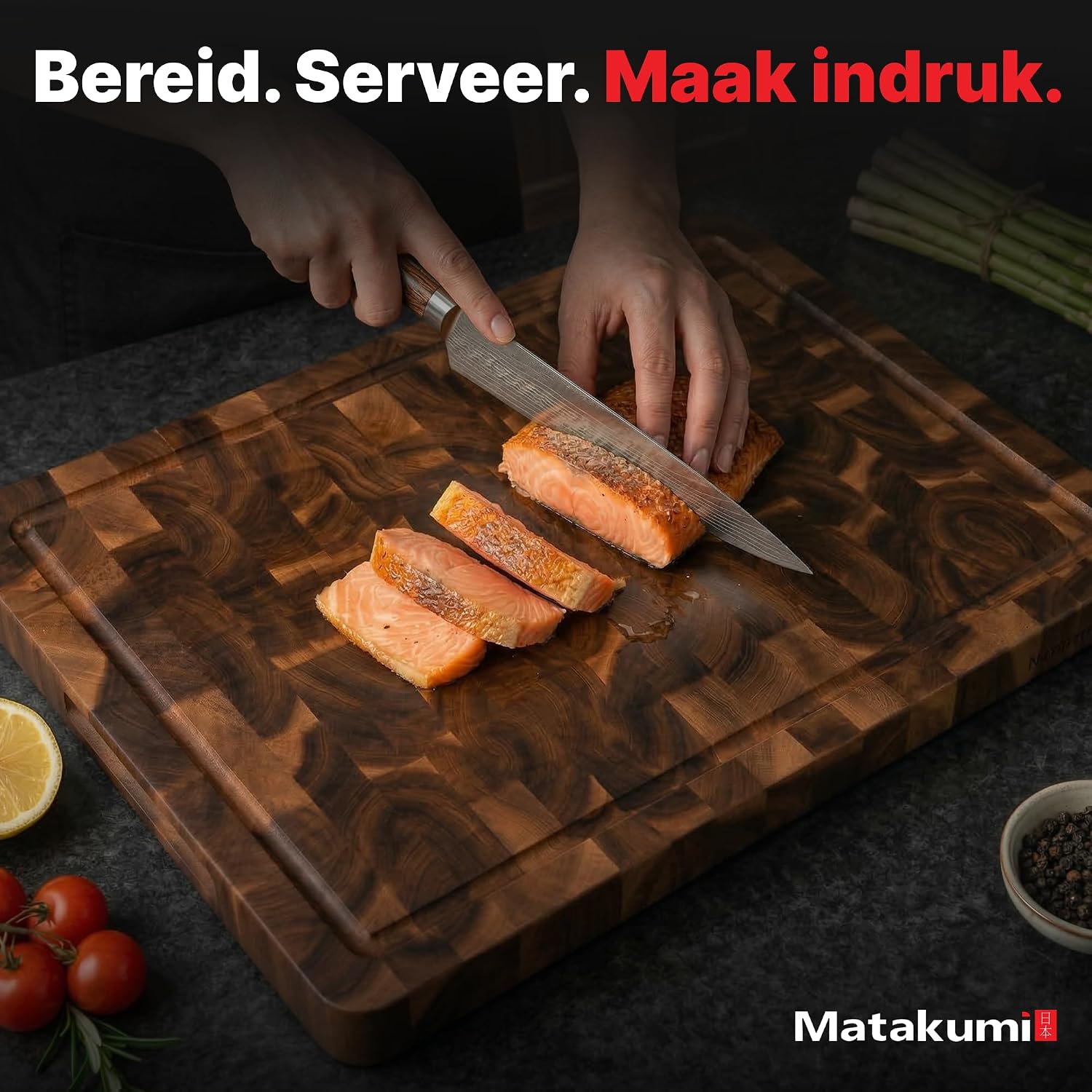 Detalle 2 de Matakumi snijplank van acaciahout met kopshout, sapgroef en zijgrepen