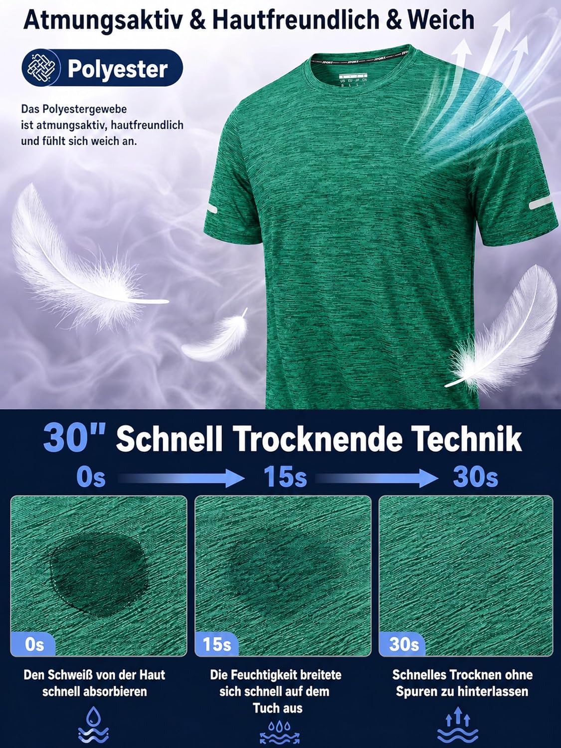 Detalle de KEFITEVD Herren Funktionsshirt mit Rundhals – schnelltrocknend, atmungsaktiv & reflektierende Streifen
