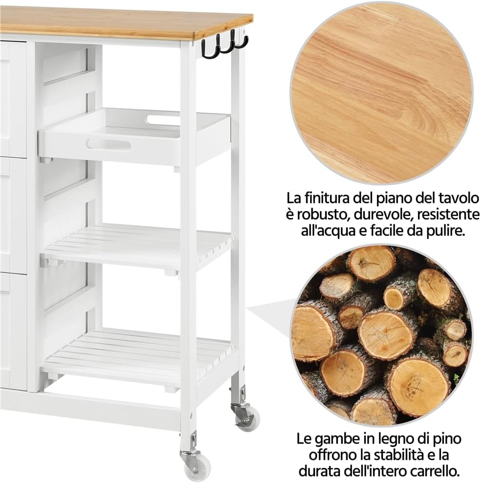 Detalle 2 de Yaheetech Carrello Cucina con Ruote 3 Cassetti e 3 Ripiani in Legno — Salvaspazio, Bianco, 67×37×84,5 cm