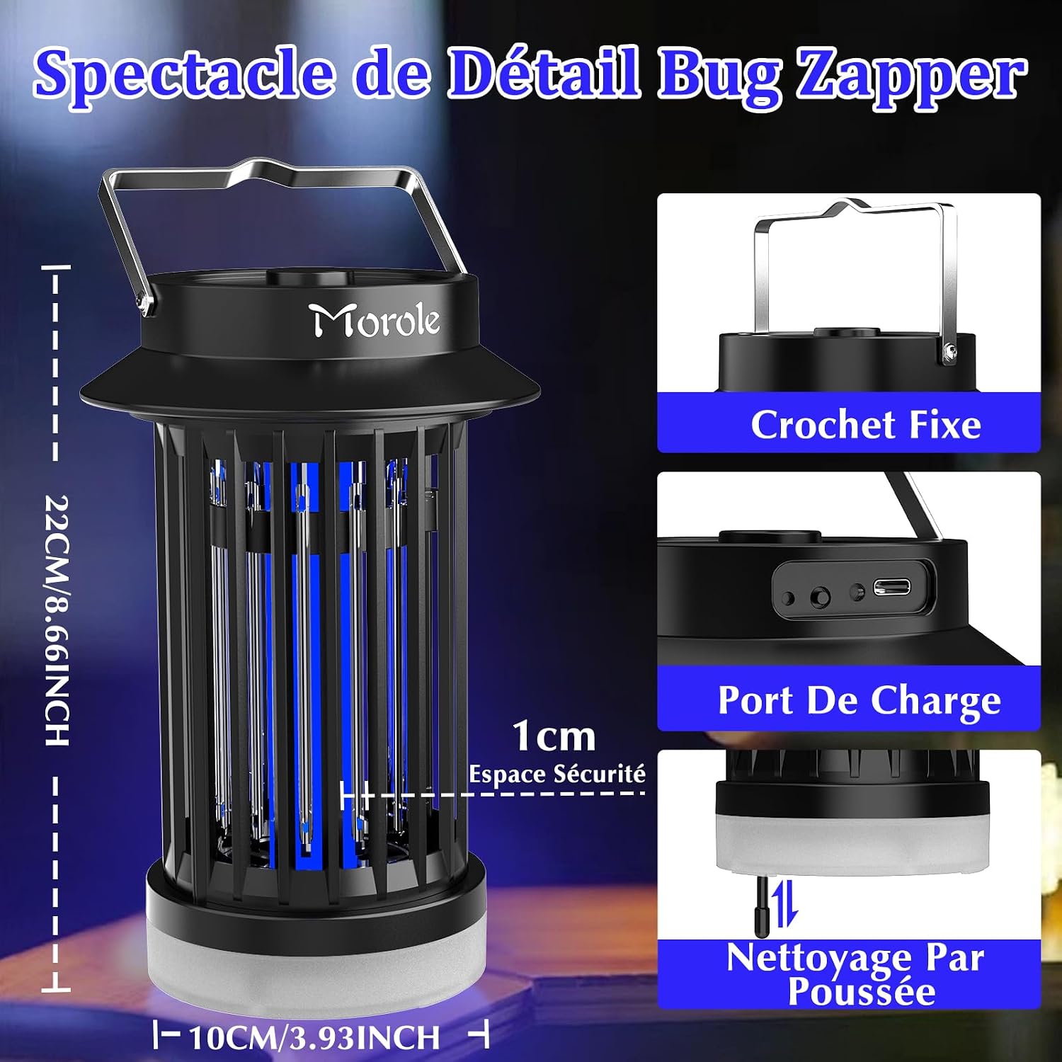 Detalle de Morole 2 en 1 Lampe Anti-Moustique Rechargeable USB-C avec LED — 4200V, Portable