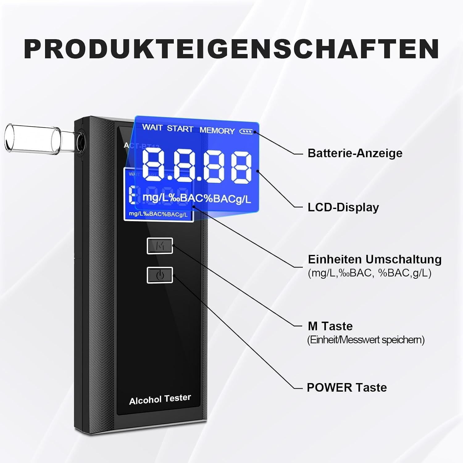 Thumbnail 3 de Swetfela Alkoholtester mit 10 Mundstücken & Tragetasche – tragbarer digitaler BAC-Messgerät mit LCD