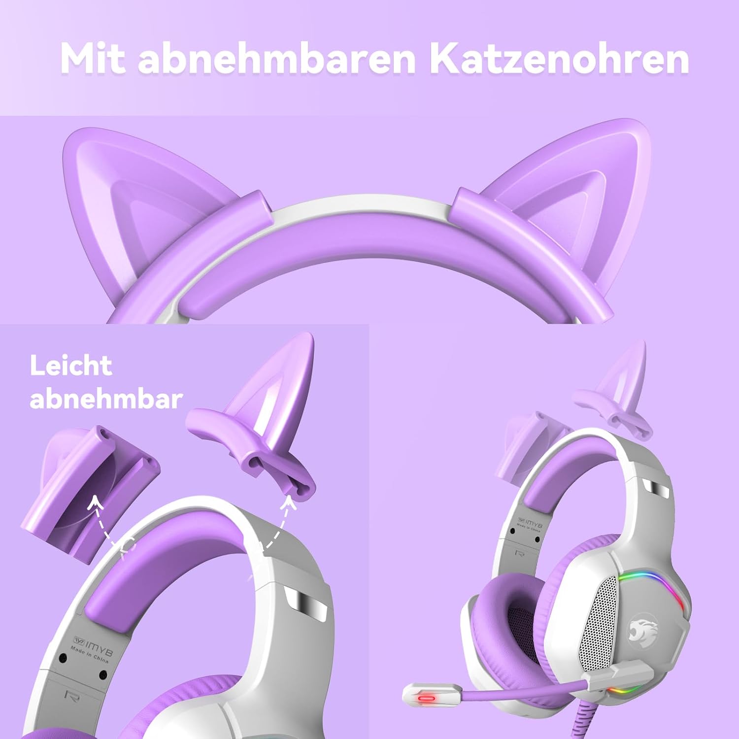 Thumbnail 6 de IMYB Katzenohr-Gaming-Headset – abnehmbare Ohren, RGB, Stereo Surround & Stimmqualität, kompatibel mit PC/Mac, PS4/PS5, Xbox Series X/S