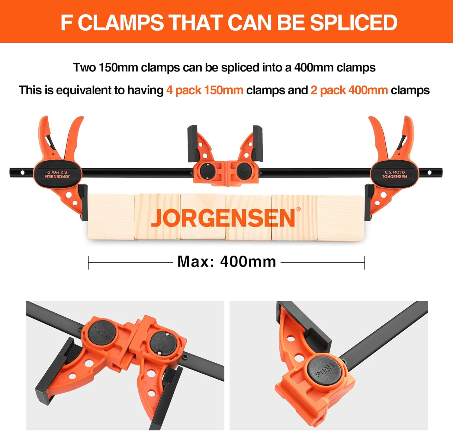 Detalle de JORGENSEN 150 mm Woodworking Clamps 4-Pack (convertible up to 400 mm ratchet bar clamps)