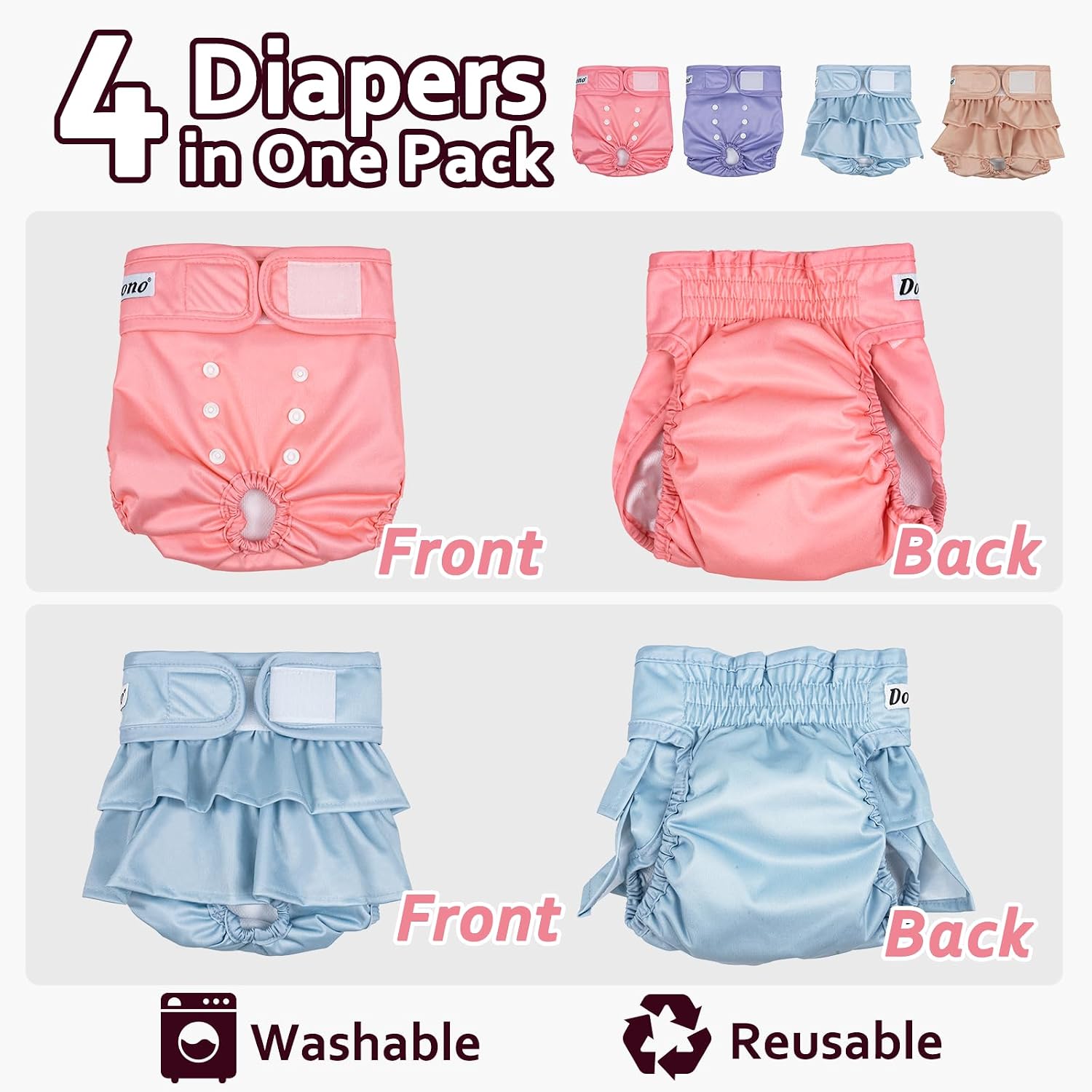 Detalle de Dono Reusable Dog Nappies Female for Season (4 Pack) — Washable Heat & Incontinence Pants, XS–XL