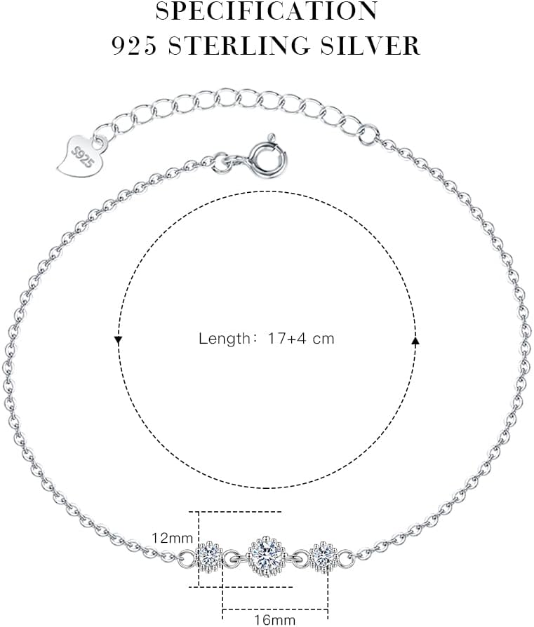Detalle 2 de VANSZA Damen-Silberarmband 925 Sterling Silber mit 3 Zirkonia-Diamanten – 17 cm (mit 4 cm Verlängerung)