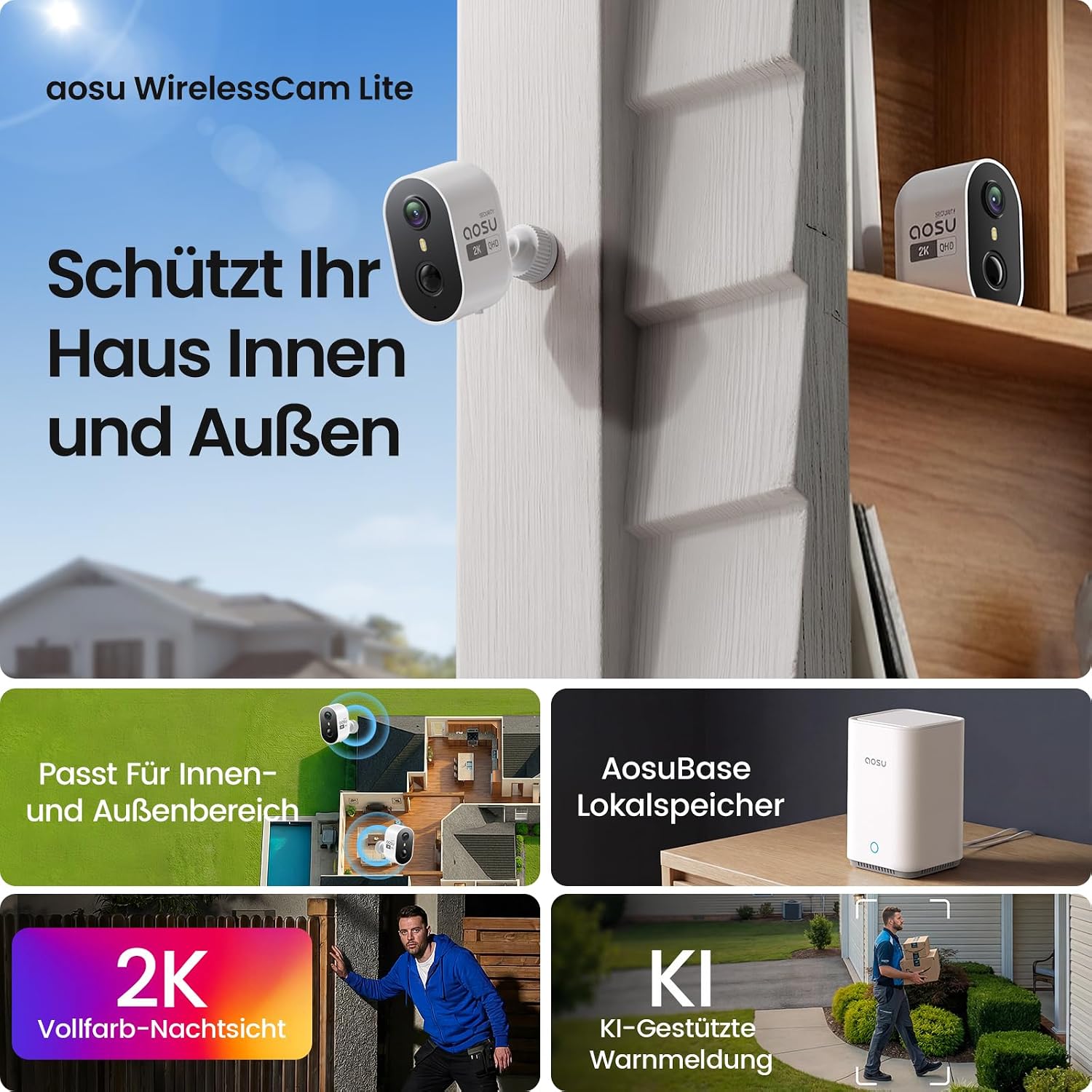 Detalle 2 de aosu 2K Überwachungskamera Außen Akku 2er-Kit mit Aosubase 2.0 – kabellos, 32 GB lokal Speicher, PIR Bewegungserkennung