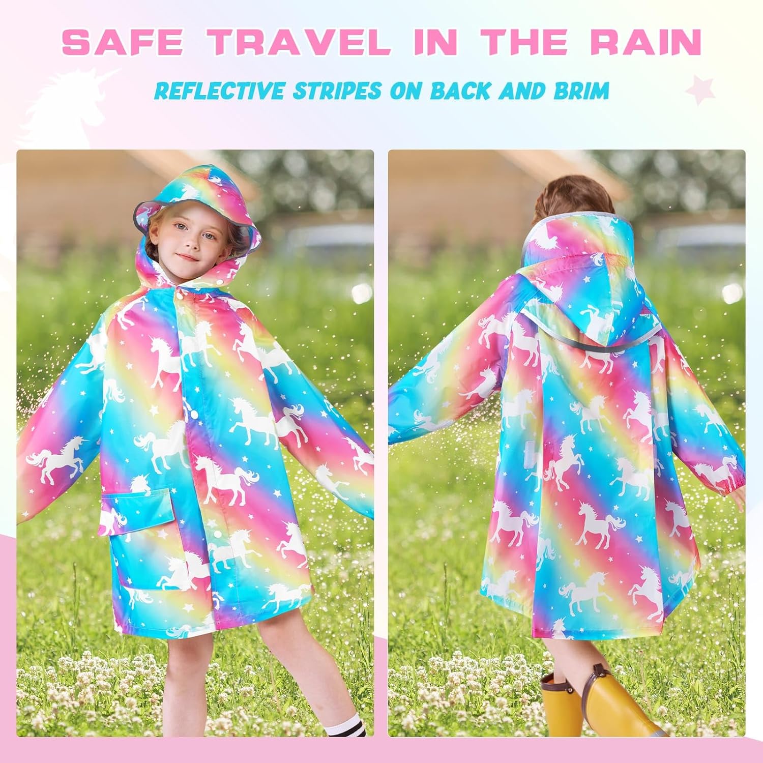 Thumbnail 6 de WAWSAM Kids Rain Poncho: Lightweight, Waterproof Rainbow Unicorn Poncho for Outdoors