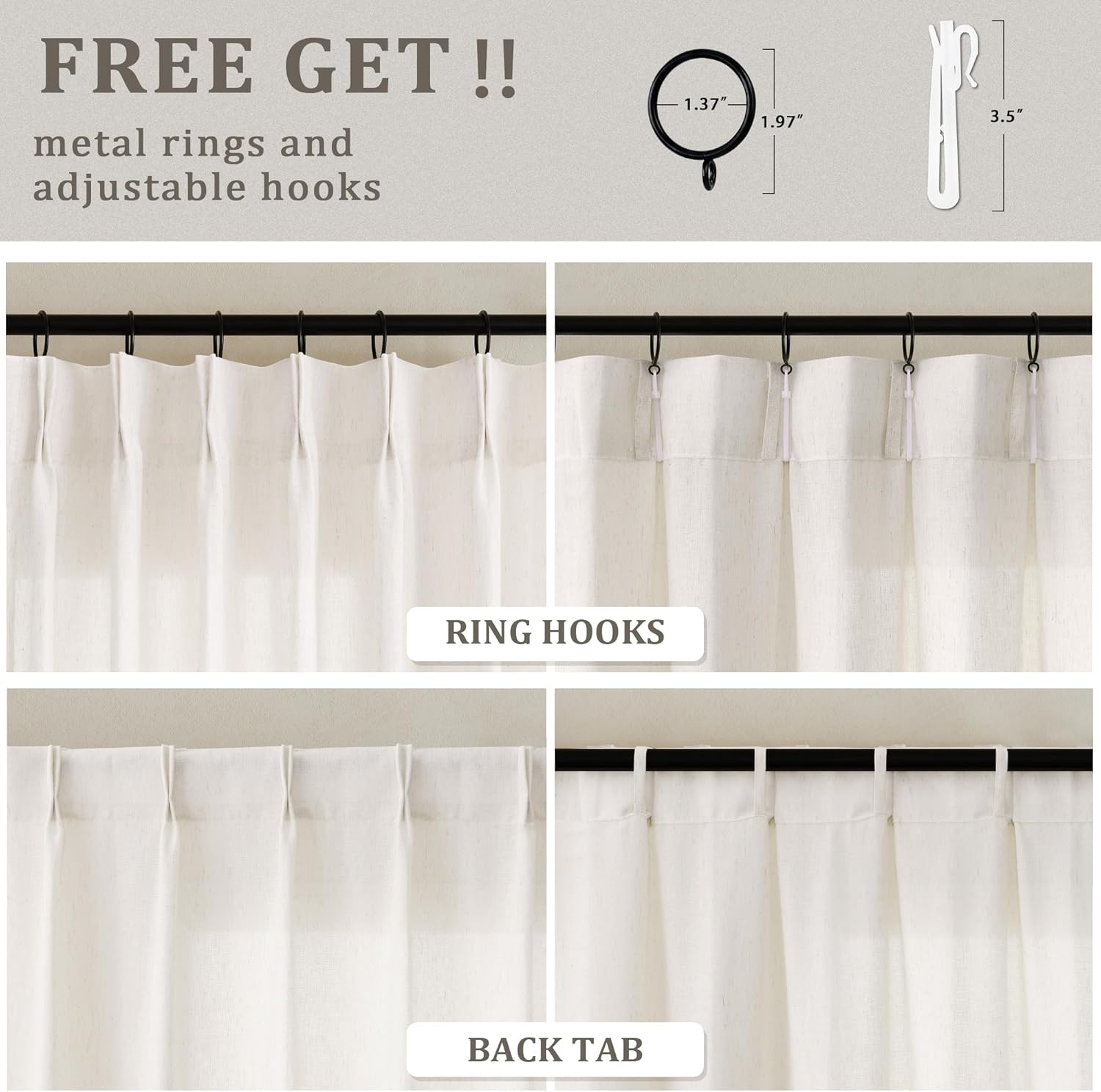 Detalle de Dukiyo Pinch Pleated Curtain 72" Wide x 90" Long Cream Ivory Linen Drapes for Patio Sliding Glass Door