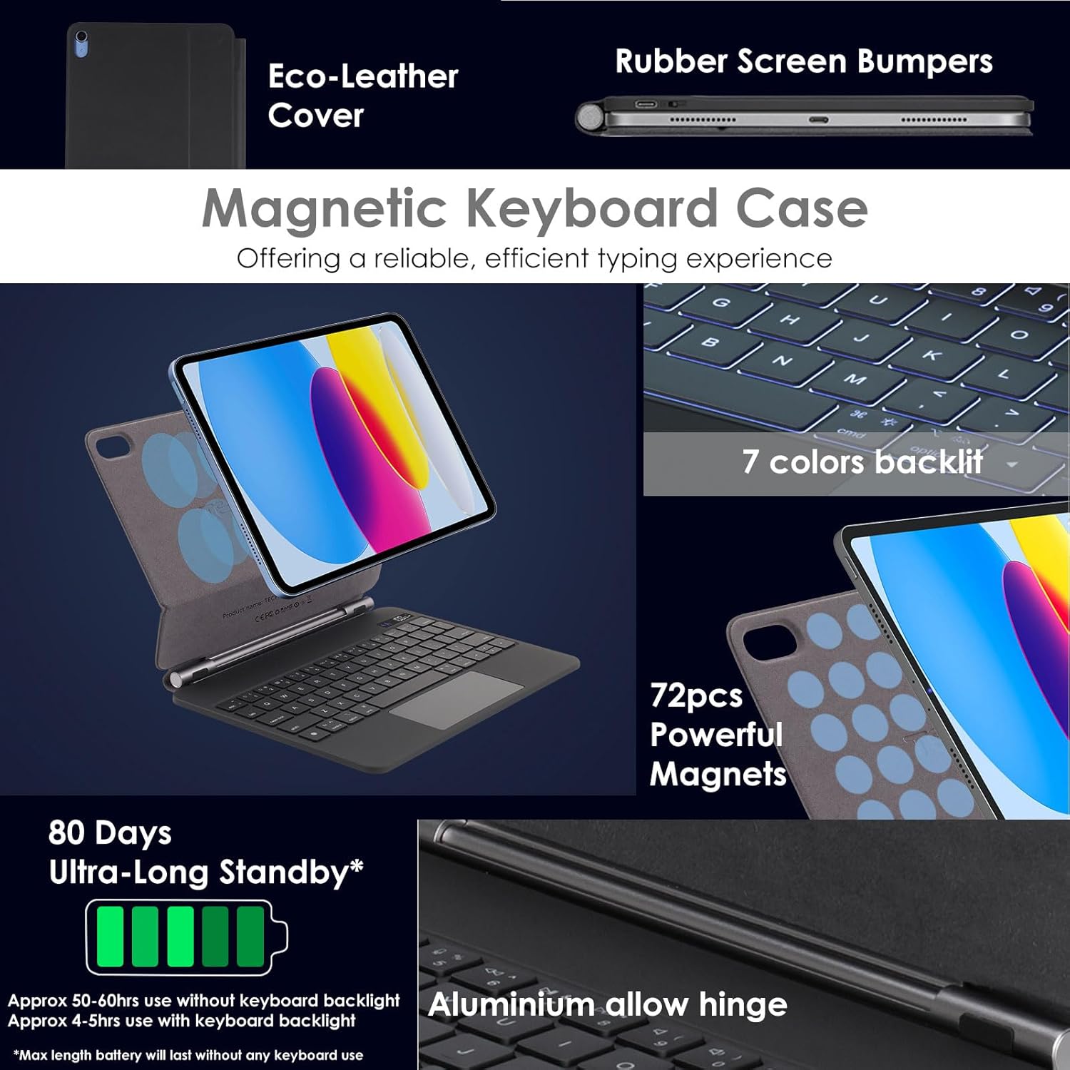Detalle 2 de TECHGEAR Floating Keyboard Case for iPad A16 11" (2025) & iPad 10.9" (10th Gen 2022): Magnetic Cantilever Stand, Multi-Touch Trackpad & 7-Colour Backlight