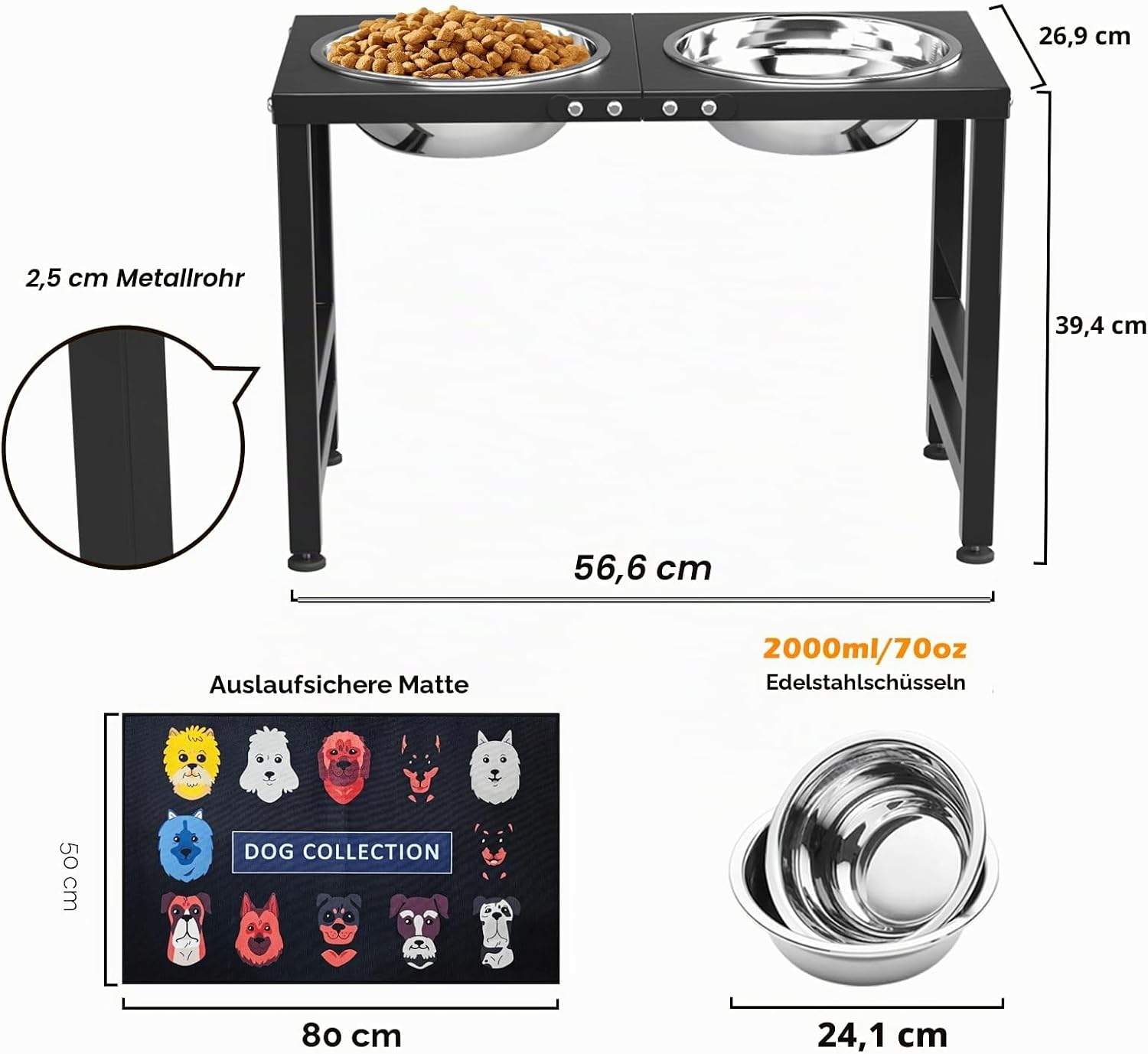 Thumbnail 4 de ADENGL Erhöhter Metall-Hundenapf für große Hunde – 2 Edelstahlnäpfe, 2000 ml, spritzwassergeschützte Matte, 39,4–40,6 cm Höhe
