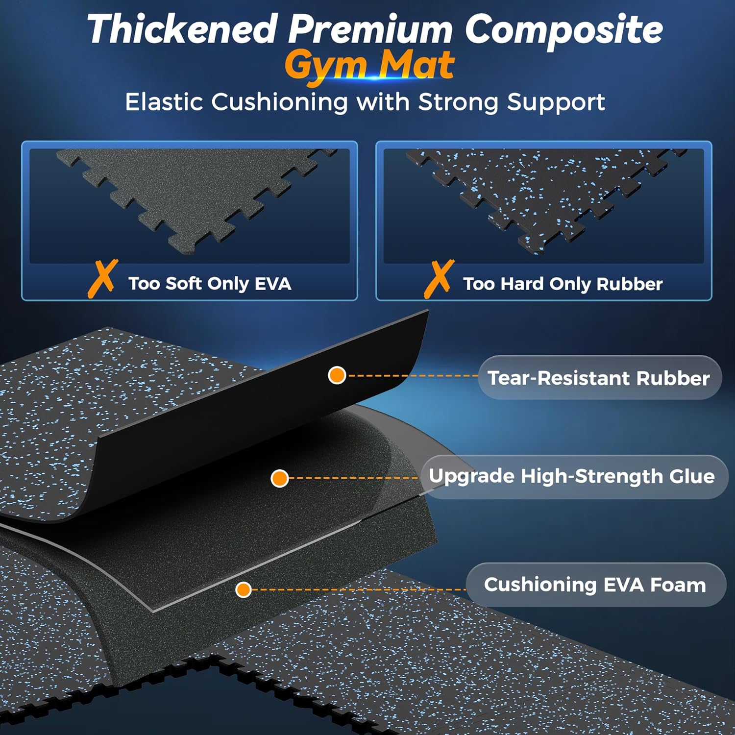 Detalle de SUPERJARE 1" Extra-Thick Rubber Top Exercise Mat – 12 Interlocking Tiles, 48 Sq Ft (Black/Blue)