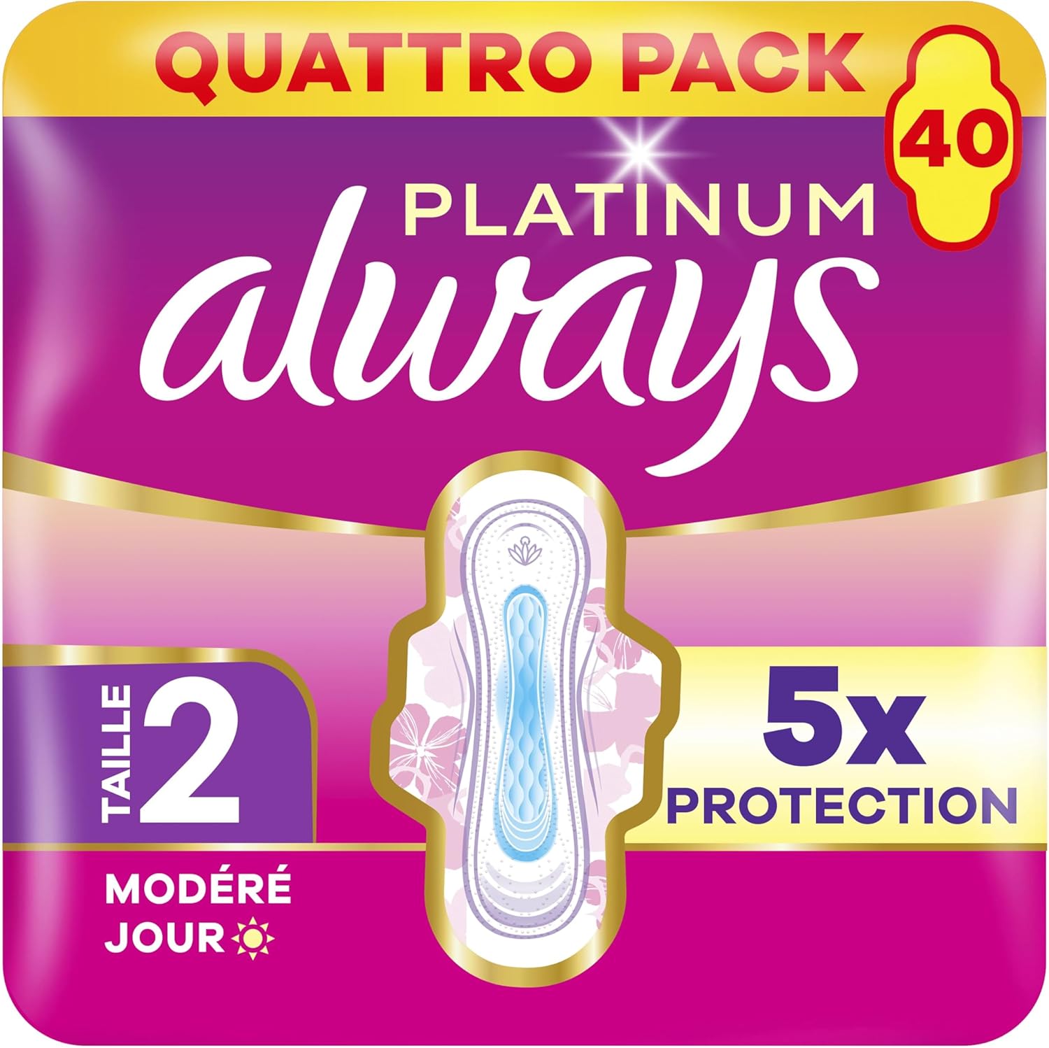 Detalle de Always Platinum Serviettes Flux Modéré Jour – Taille 2, 40 unités, ultra-absorbantes et ultra-fines