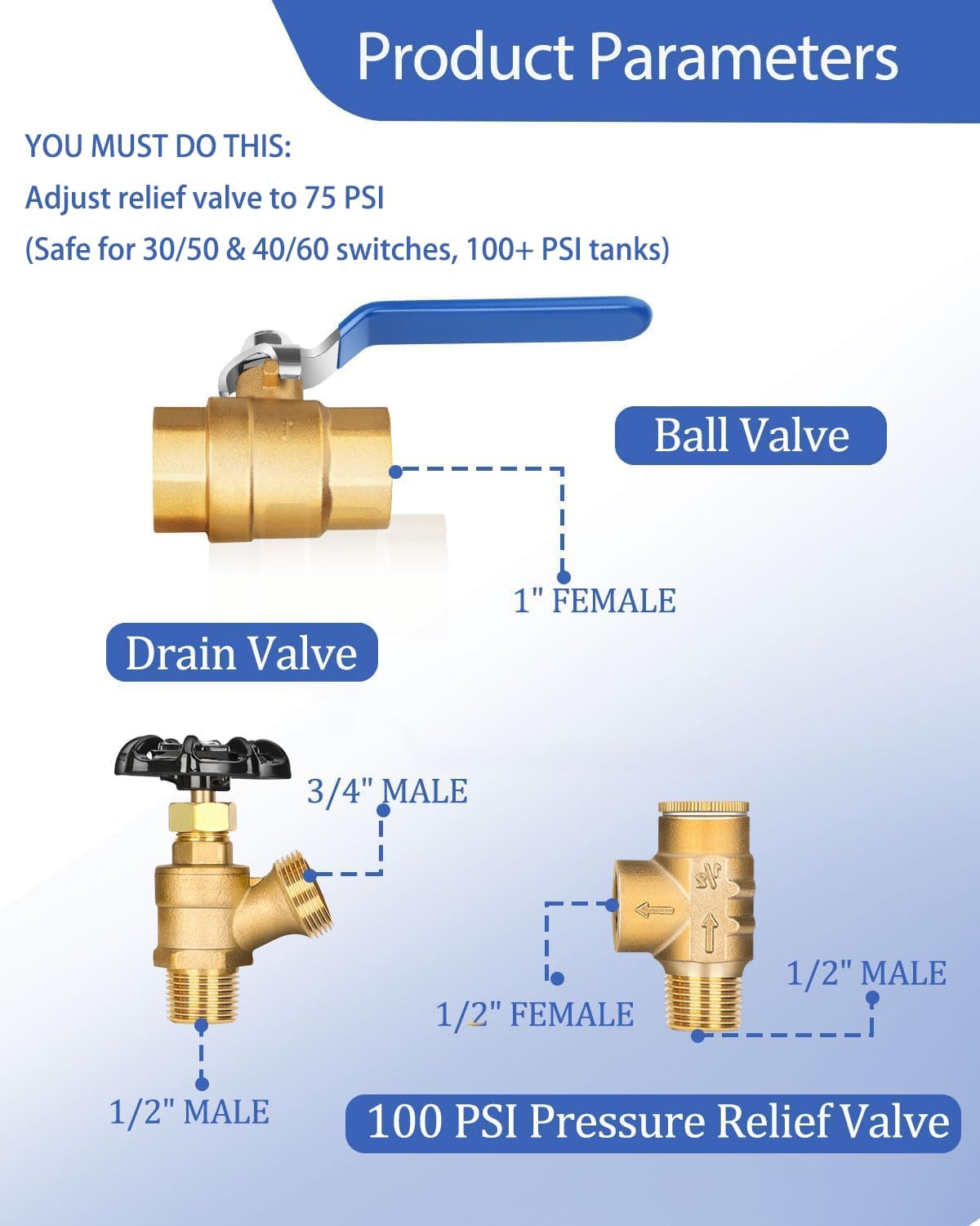 Detalle 1 de Miumoon 1" x 11" Well Pressure Tank Tee Kit, 40/60 Switch, Brass