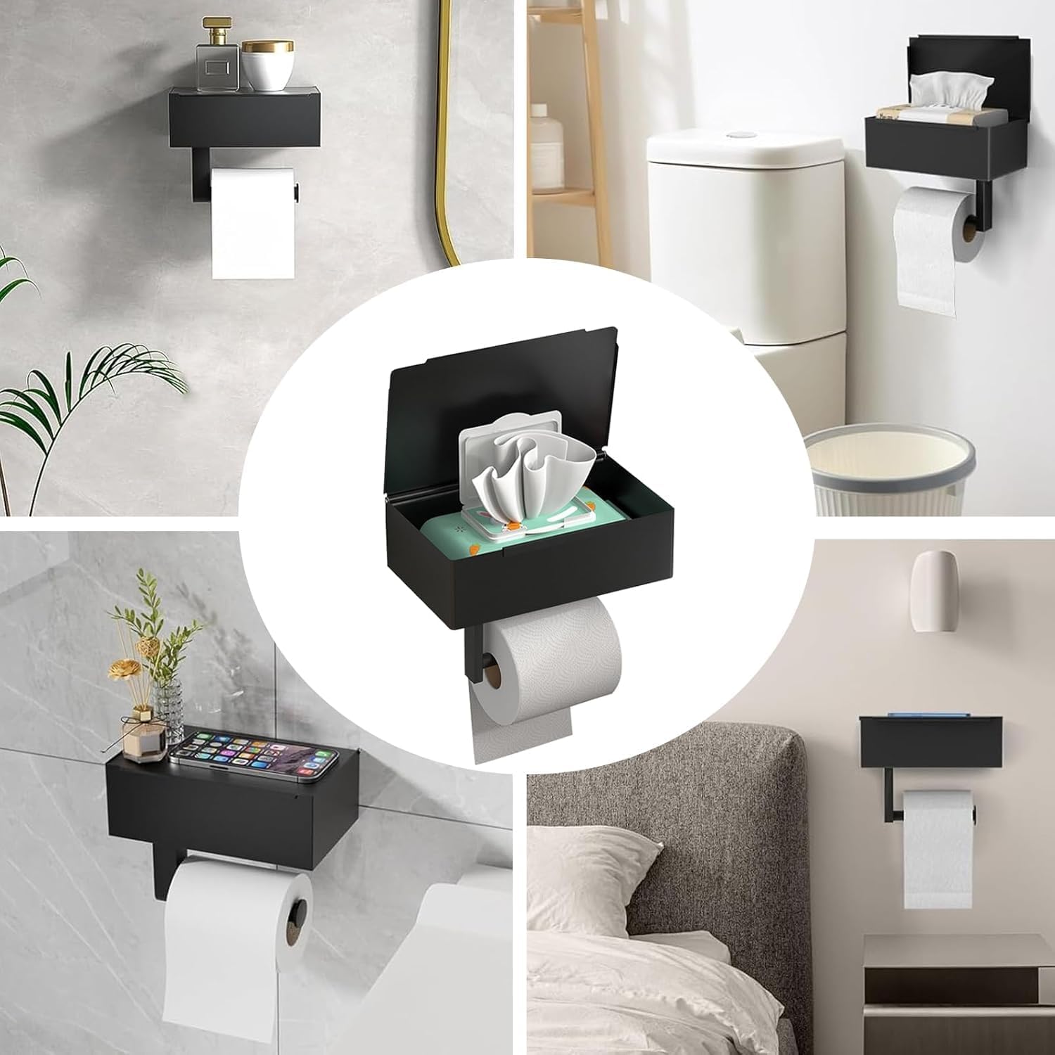 Detalle de GUIGUZI WSZJ-BE toiletrolhouder met doekjesbox, mat zwart en twee montageopties