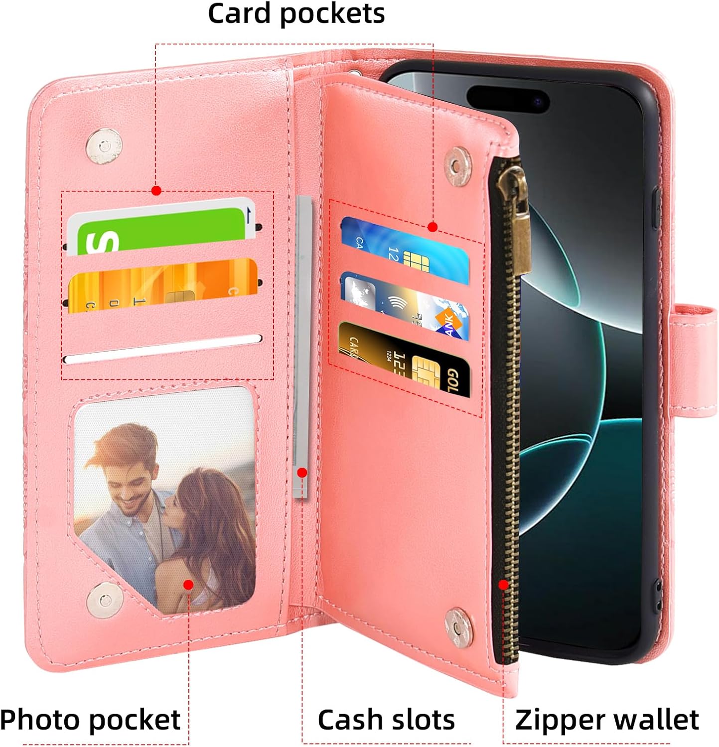 Detalle de Asuwish Wallet Case with Tempered Glass for iPhone 17 Pro (6.3") Rose Gold