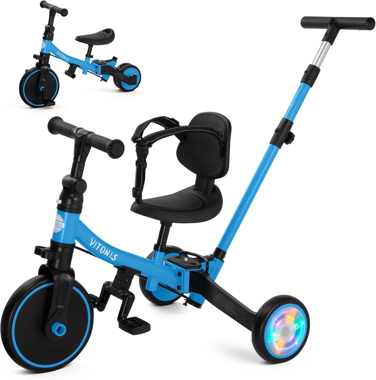 VITONIS Triciclo 5 in 1 per bambini 18 mesi-5 anni blu con ruote lampeggianti