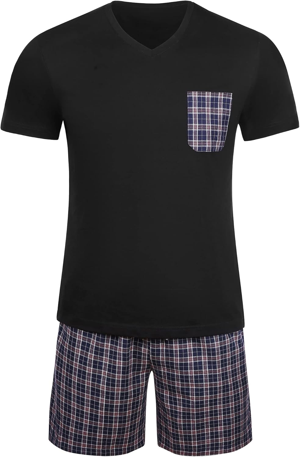 Detalle de Winovia Herren Schlafanzug Kurz Pyjama Set aus 100% Baumwolle – V-Ausschnitt Shirt + karierte Shorty Hose, Sommer-Homewear