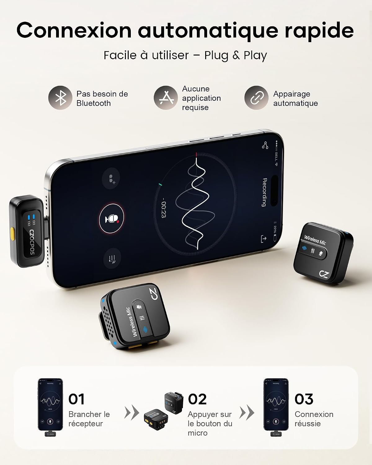 Thumbnail 1 de CZOCPOS Micro Cravate Sans Fil pour iPhone/iPad/Android — kit double micro avec réduction de bruit et autonomie longue