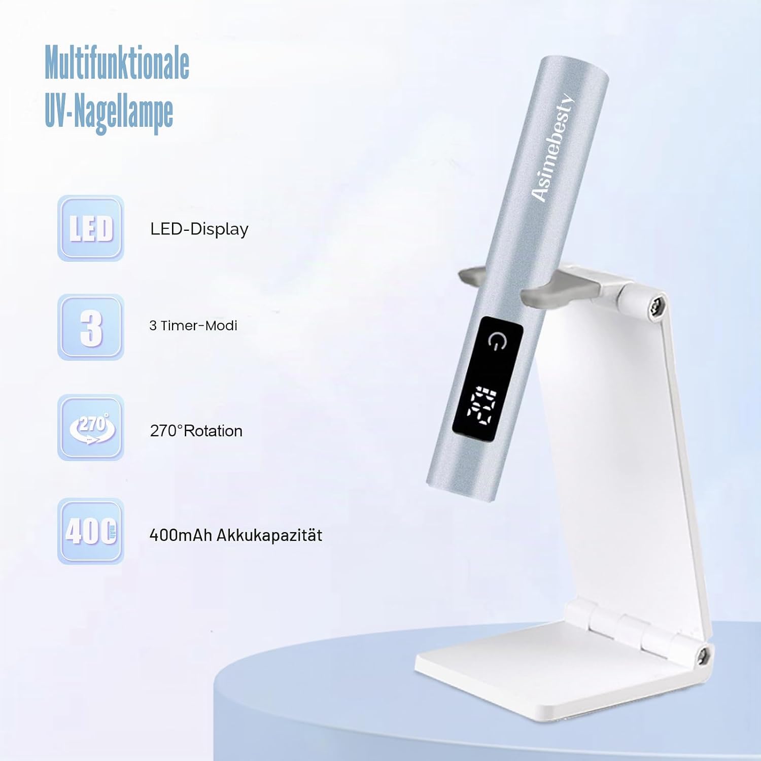Detalle de Asimebesty UV Lampe für Gelnägel – kompakt, wiederaufladbar und mit Ständer