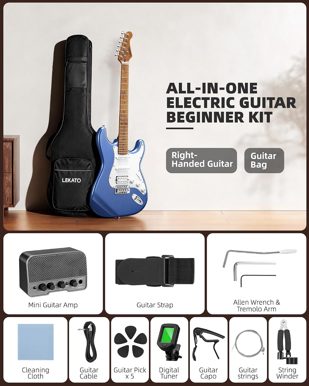 Detalle 2 de LEKATO BCUS3680BL Electric Guitar Kit, 39-Inch HSS with 5W Mini Amp