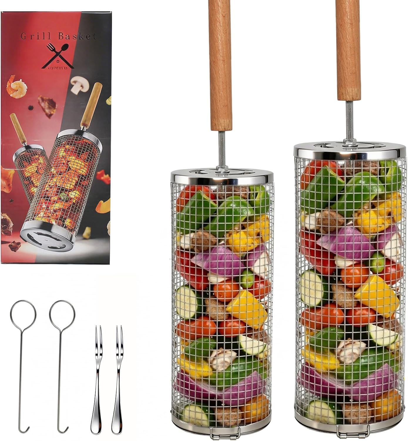 Autreykorn Grillkorb 2er Set – Abnehmbarer Holzgriff, Edelstahl 304, inkl. 2 Gabeln