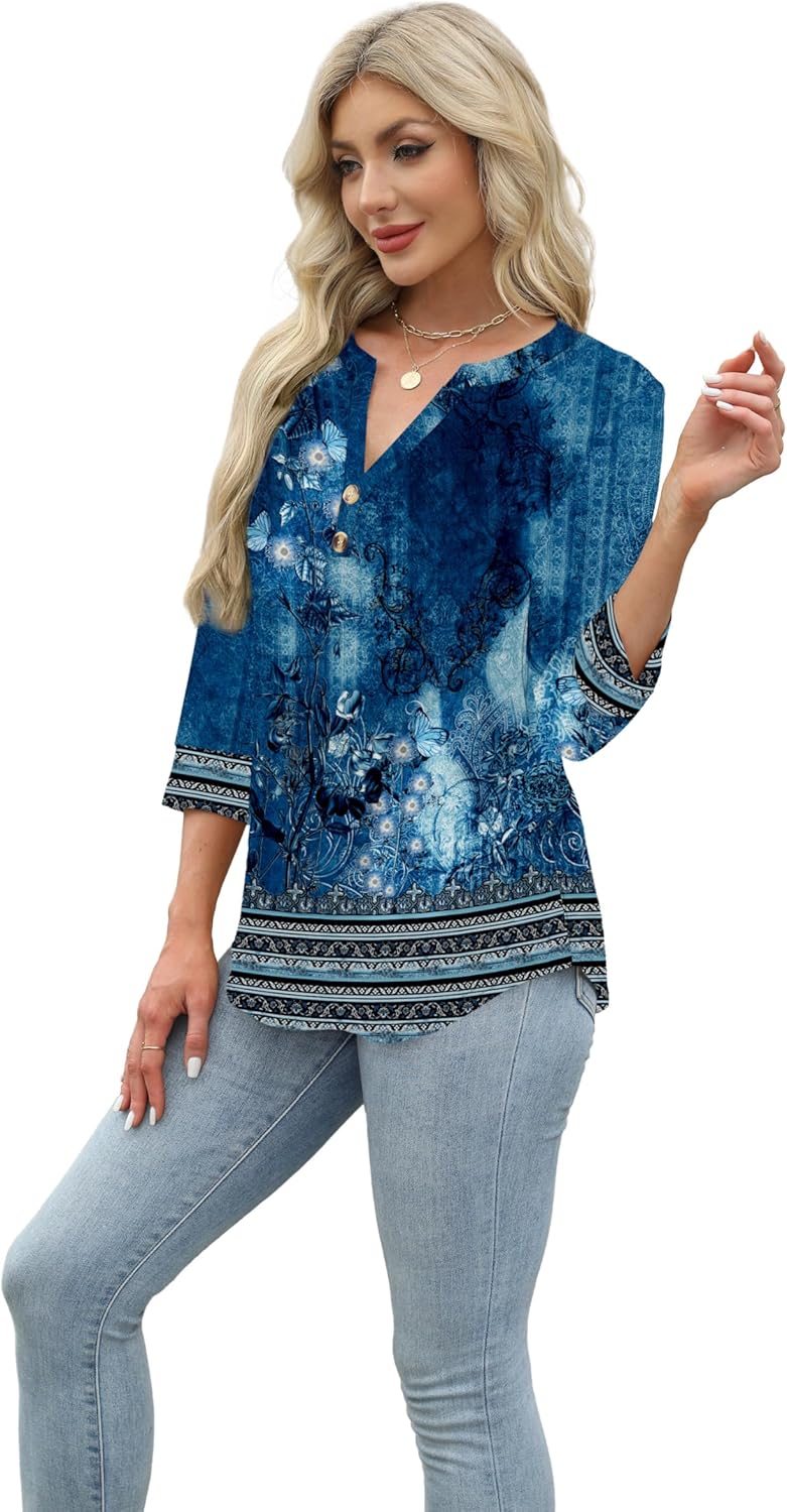 Thumbnail 3 de Aokosor Women's 3/4 Sleeve V-Neck Tunic Blouse - Everyday Office-Ready Top