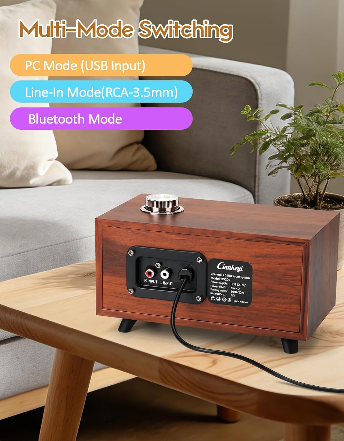 Thumbnail 2 de cinnkeyi Wooden PC Soundbar: Compact, USB-Powered Bluetooth 3-Mode Speaker
