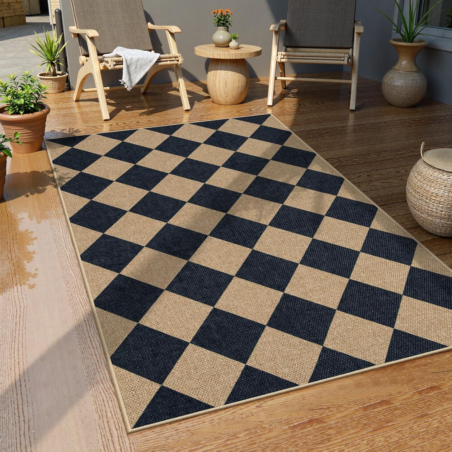 Thumbnail 6 de Lahome Colette Checkered Easy Jute 3x5 Outdoor Patio Rug (Washable, Non-Slip TPE Backing)