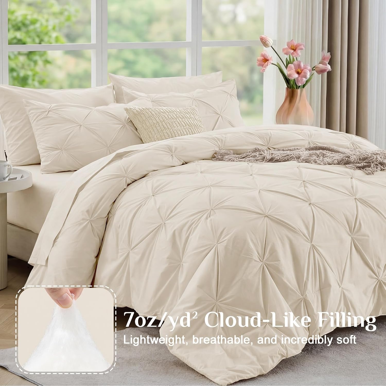 Detalle de JOLLYVOGUE Queen Comforter Set (7-Piece Bed in a Bag) - Pintuck Design, Beige