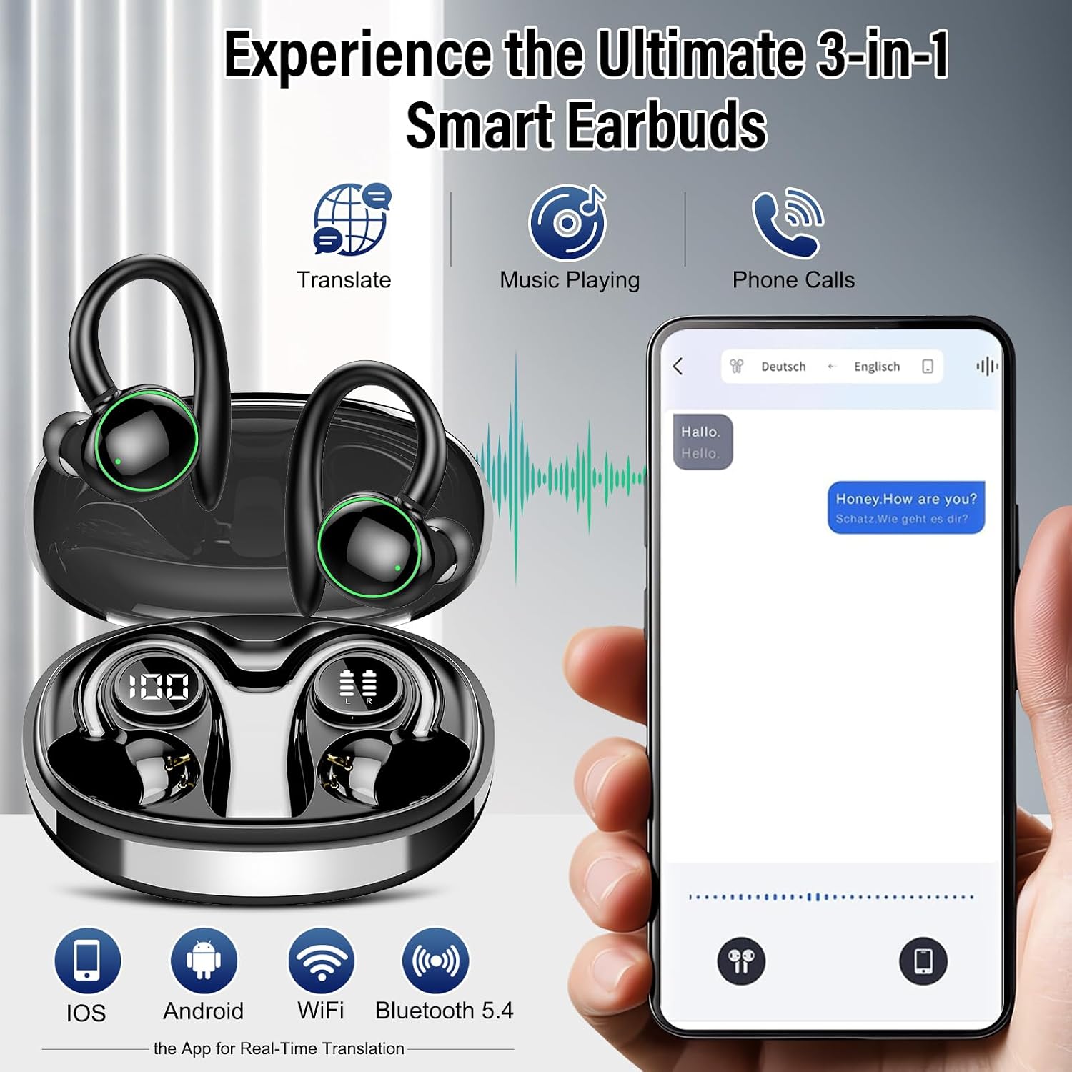 Detalle 1 de PEFUPEW C6 Translation Earbuds with 164 Languages, 8 Modes and Bluetooth 5.4