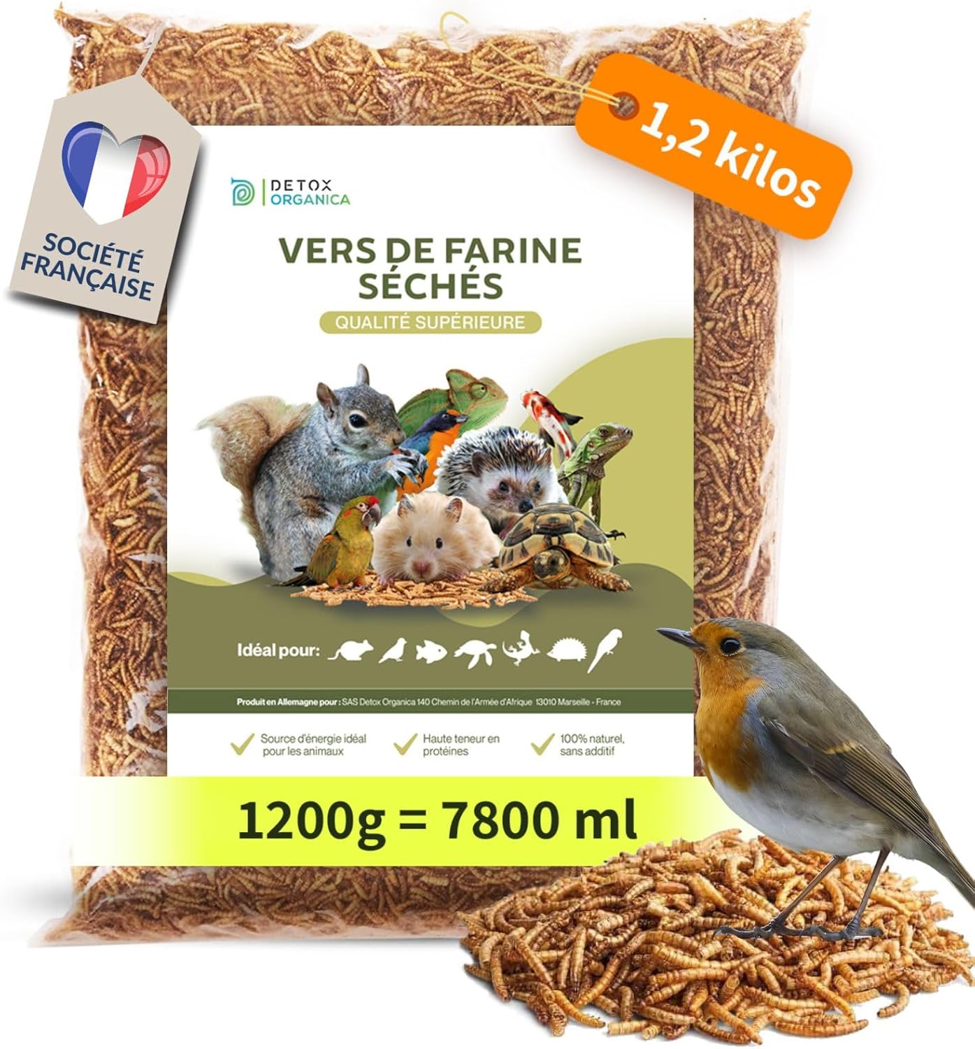 Detalle de Detox Organica-vers de Farine Séchés – 1 kg, friandises protéinées pour oiseaux, poissons, reptiles et petits animaux