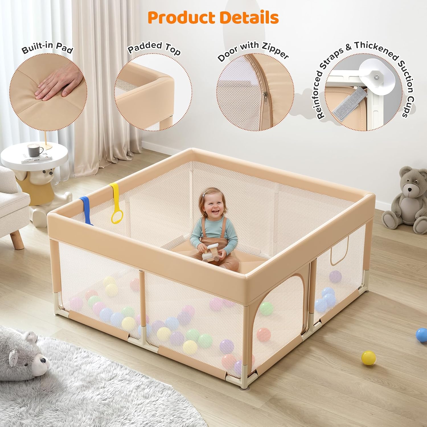 Thumbnail 6 de Dripex 124 x 124 cm Baby Playpen with Mat, Mesh Sides, Beige