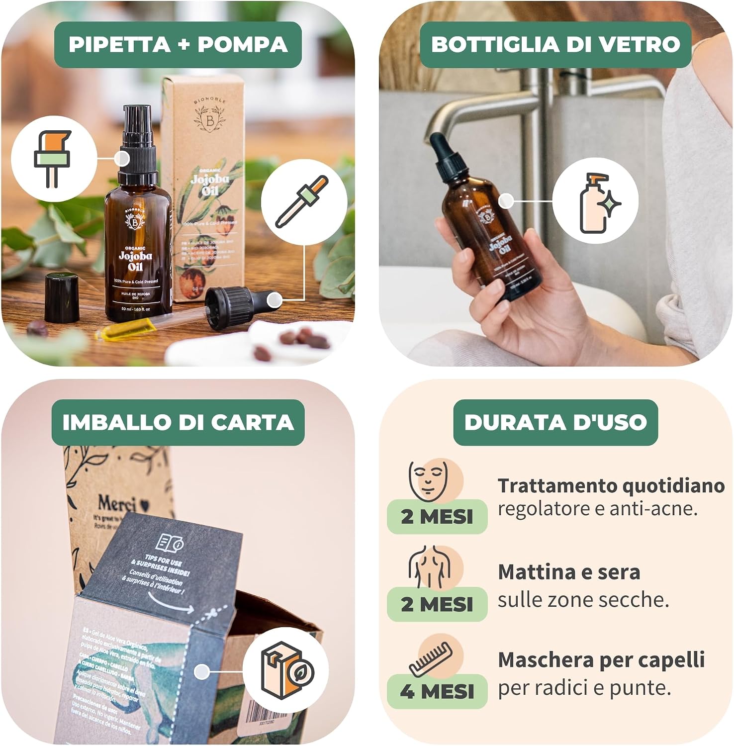 Detalle de BIONOBLE Olio di Jojoba Puro Biologico 100% - 50 ml pressato a freddo, multiposizione per pelle, capelli e corpo