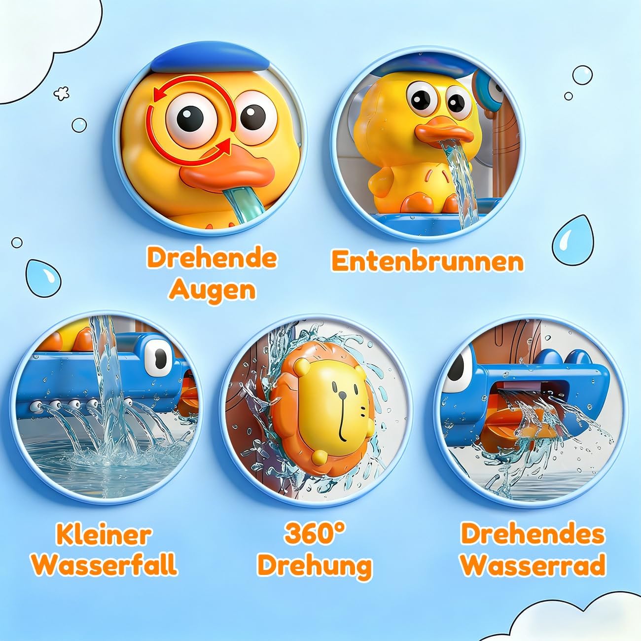 Detalle 2 de Badespielzeug ab 1-3 Jahren für Jungen – Wasserfluss- und Sprüheffekte, Badeente + Löffel