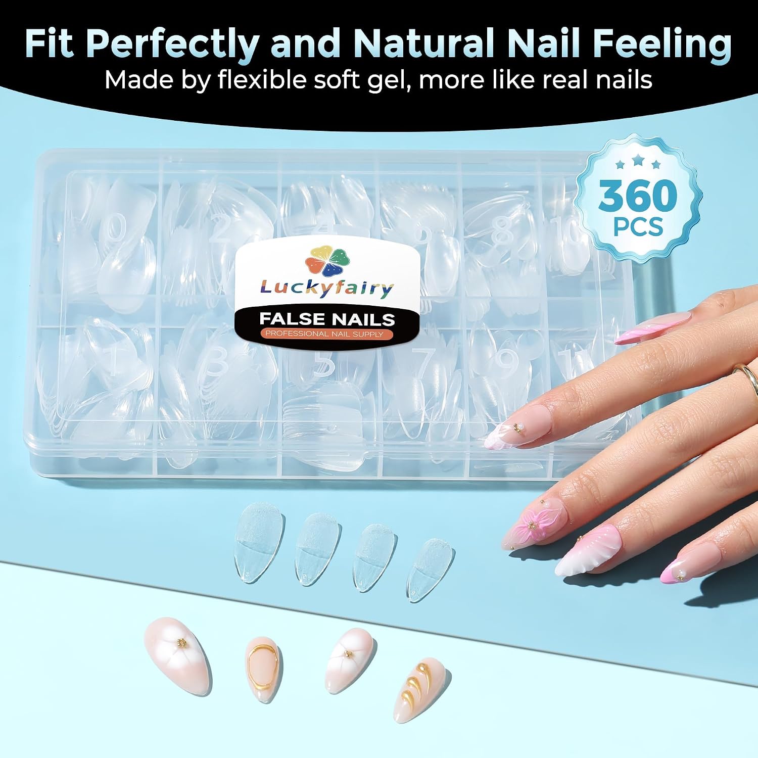 Thumbnail 4 de Luckyfairy LF-F011 Medium Almond Soft Gel Nail Tips, 360 Pieces, 12 Sizes