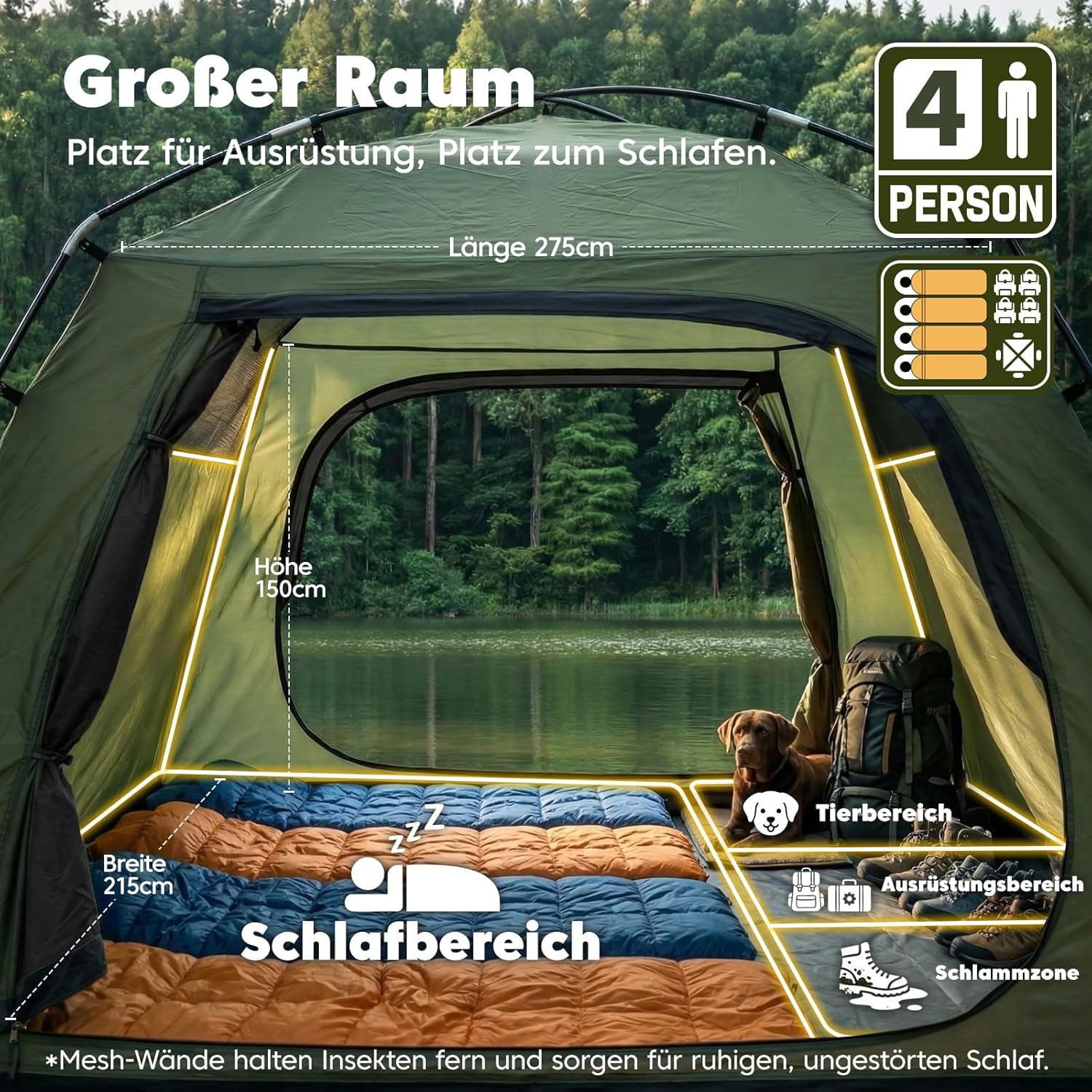 Detalle 2 de Purebox Zelt Campingzelt 4 Personen – stabiles Stangenzelt, wasserdicht & windstabil, Armygrün
