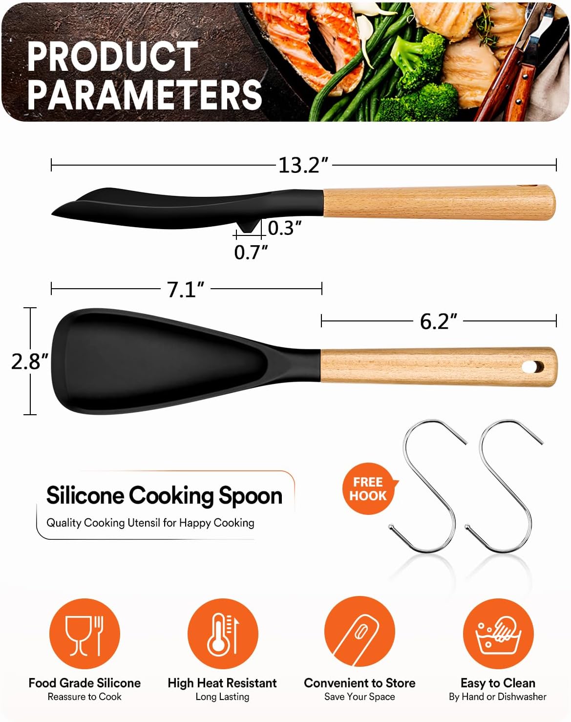 Detalle 2 de Cooking Spoon for Nonstick Cookwares with Wood Handle — 13.4 inch, Black & Grey